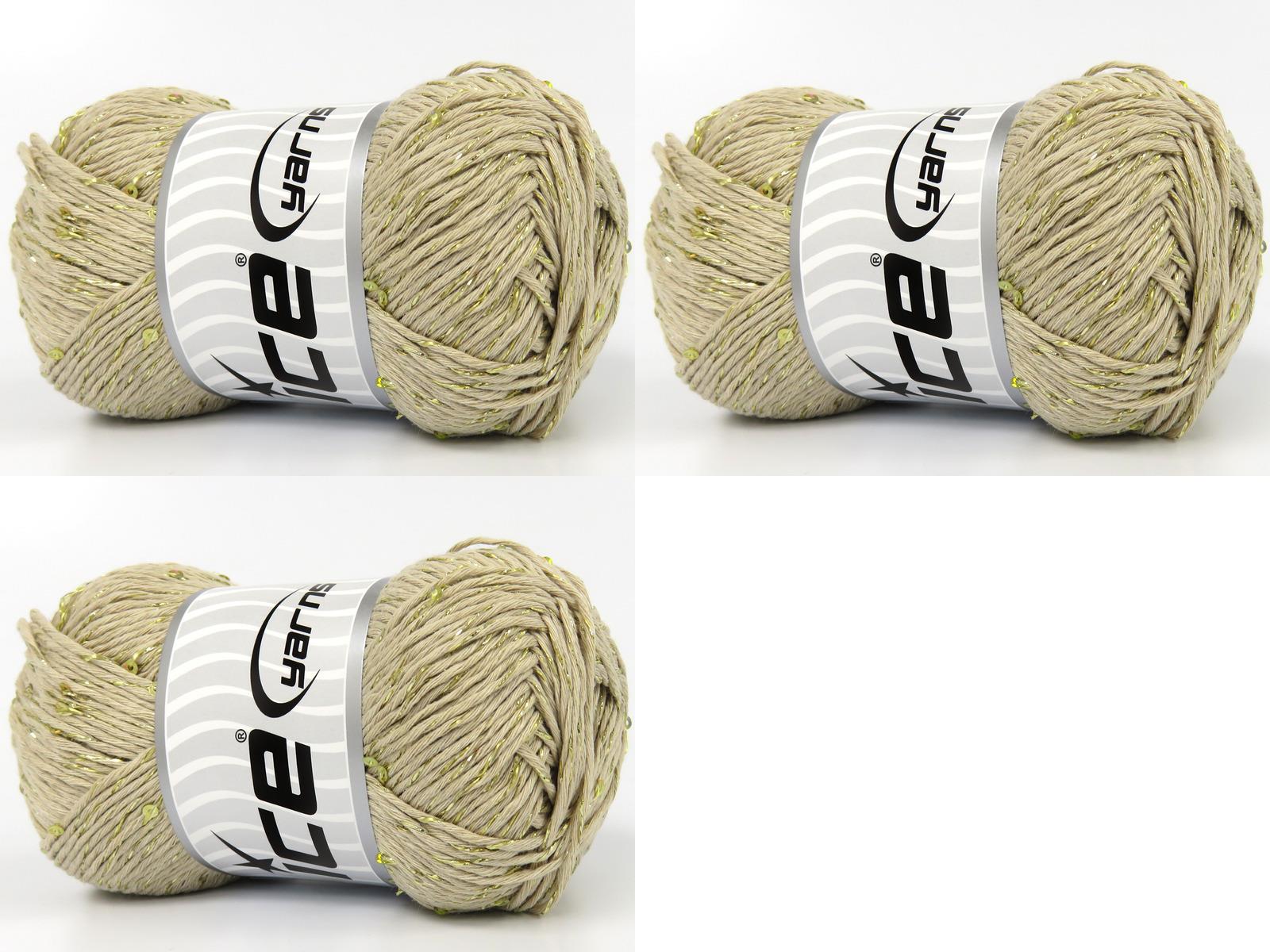 Lot of 3 x 100gr Skeins Ice Yarns NATURAL COTTON PAILLETTE (85%Cotton 5% Paillette) Yarn Dark Cream