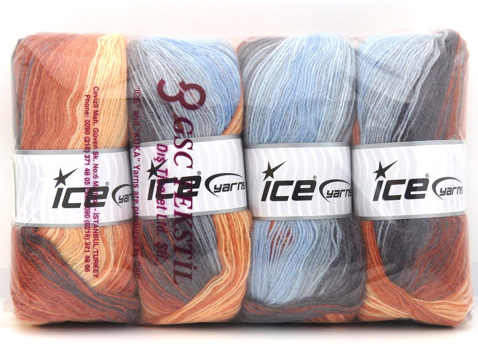 Lot of 4 x 100gr Skeins Ice Yarns ANGORA BATIK (20% Angora 20% Wool) Yarn Copper Shades Grey Shades Blue Shades