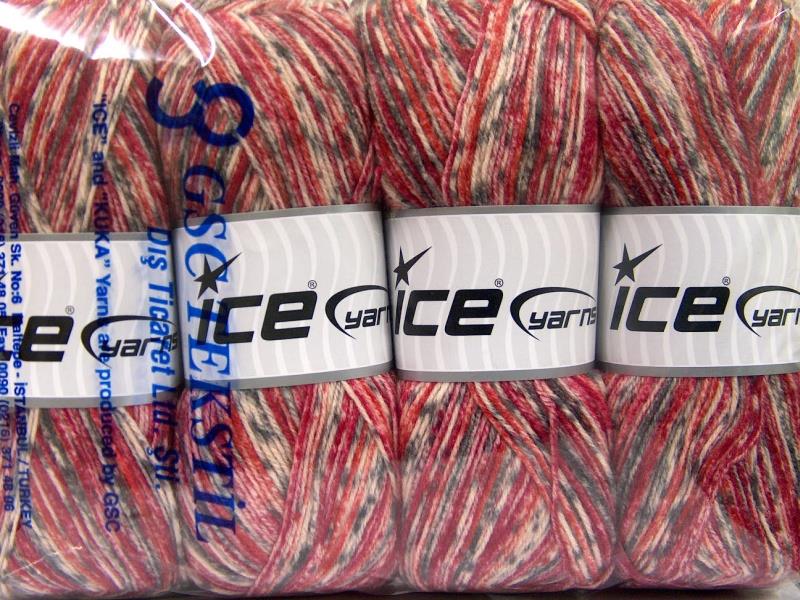 Lot of 4 x 100gr Skeins Ice Yarns PRINT SOCK (75% Superwash Wool) Yarn Red Orange Grey Cream