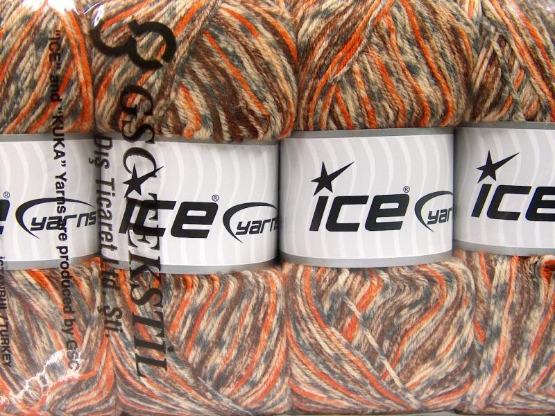 Lot of 4 x 100gr Skeins Ice Yarns PRINT SOCK (75% Superwash Wool) Yarn Brown Grey Orange Cream