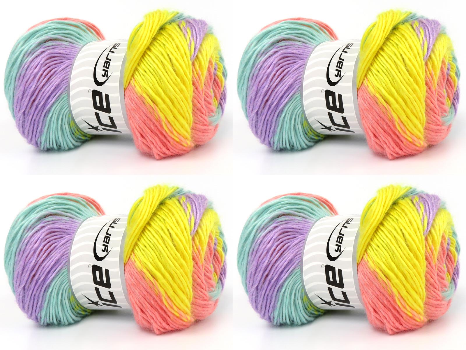 Lot of 4 x 100gr Skeins Ice Yarns RAINBOW Yarn Mint Green Yellow Light Salmon Lilac