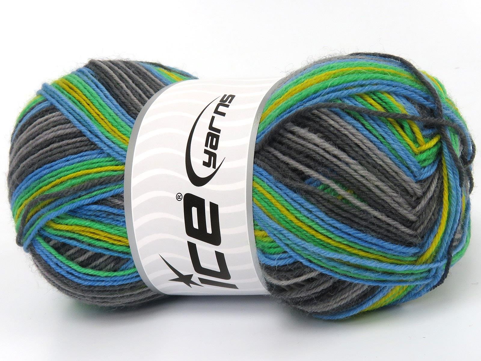 Lot of 4 x 100gr Skeins Ice Yarns SMART SOCK (75% Superwash Wool) Yarn Green Yellow Blue Grey Shades