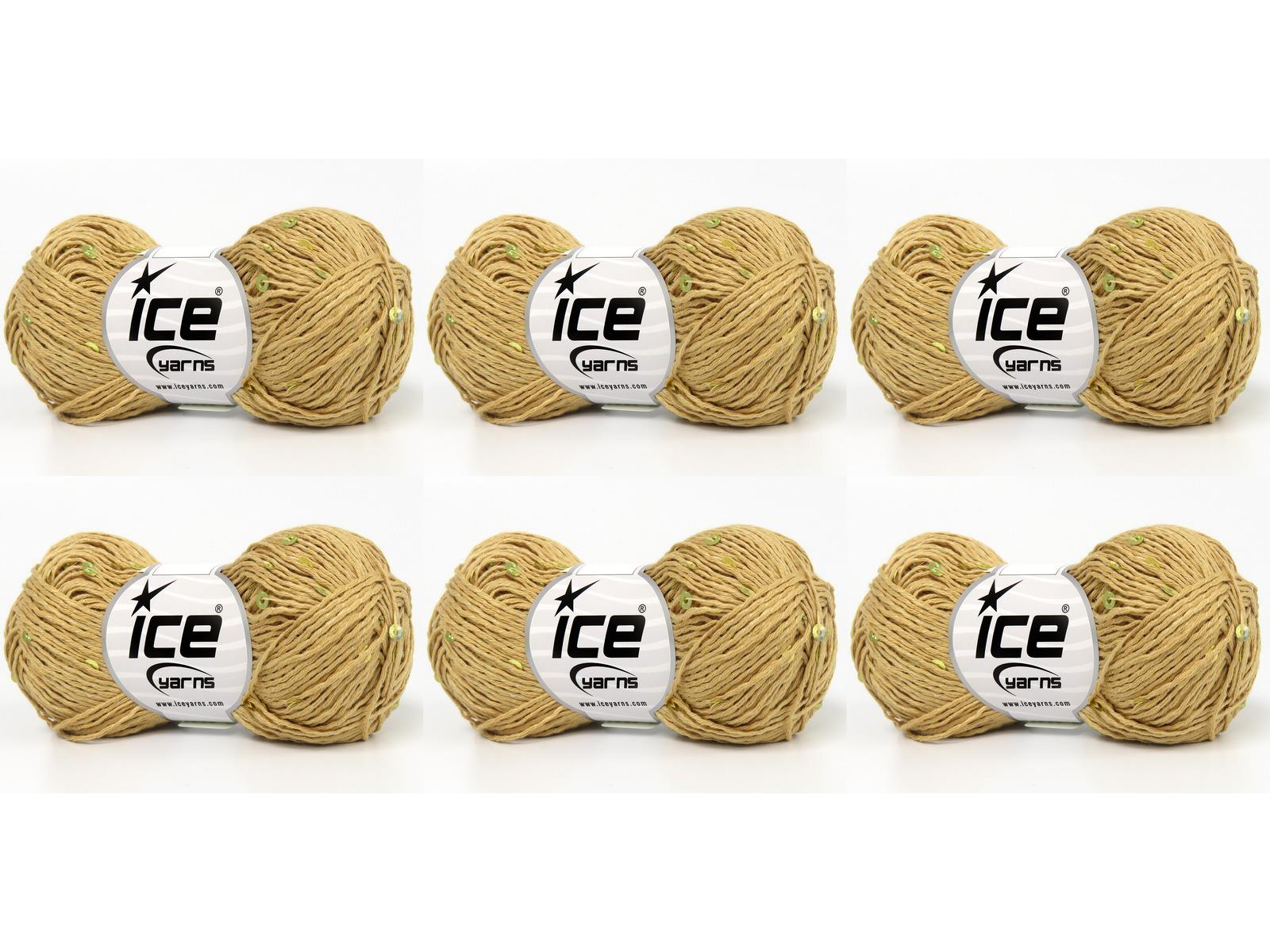Lot of 6 Skeins Ice Yarns NATURAL COTTON LIGHT PAILLETTE (82% Cotton 18% Paillette) Yarn Light Camel