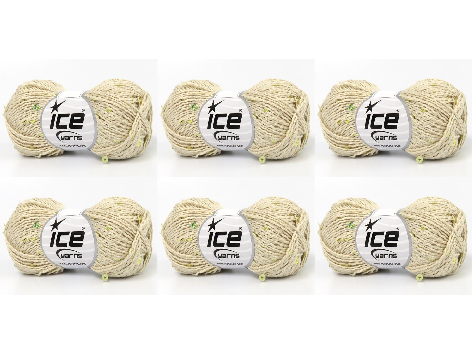 Lot of 6 Skeins Ice Yarns NATURAL COTTON LIGHT PAILLETTE (82% Cotton 18% Paillette) Yarn Cream