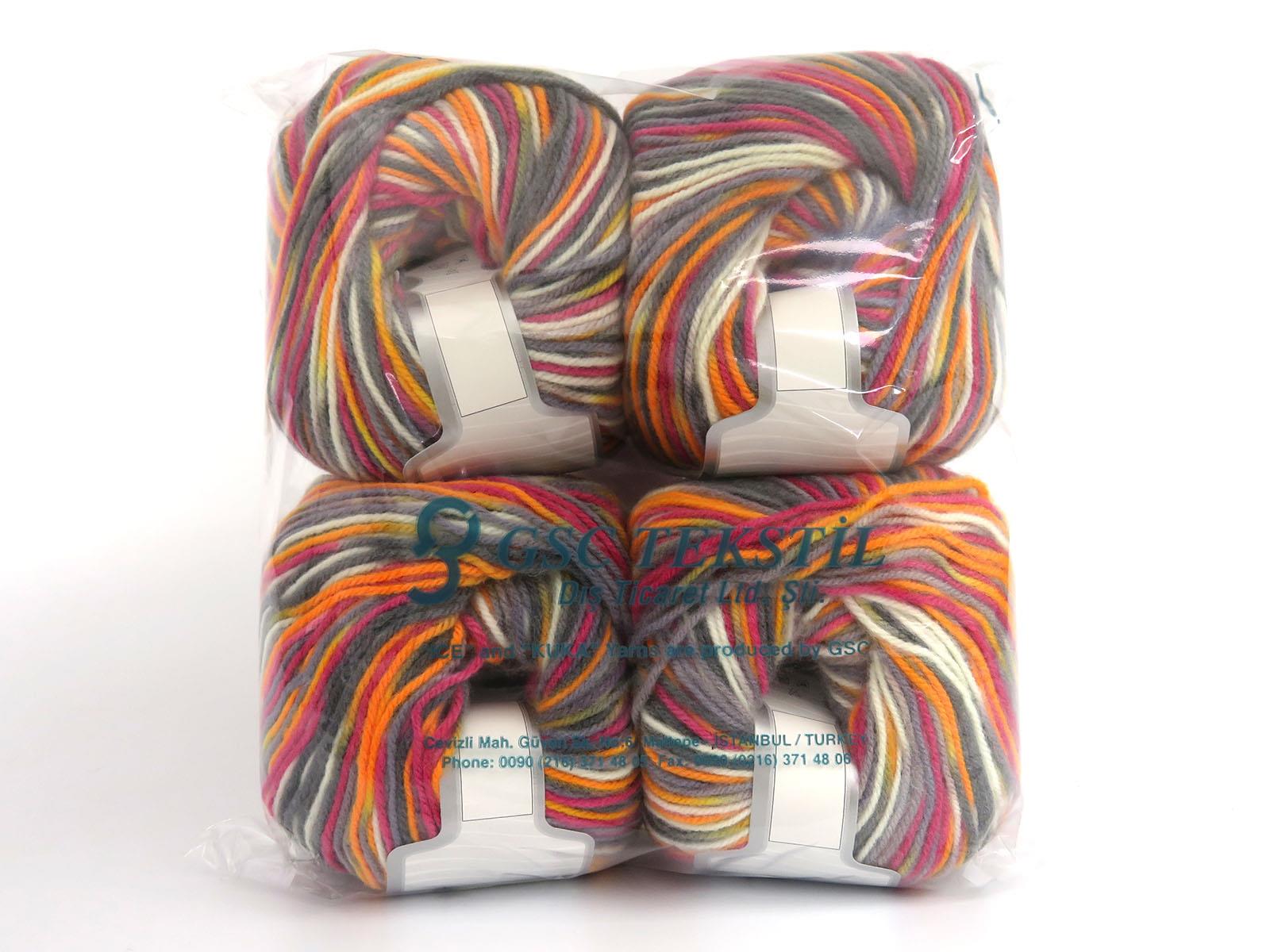 Wool Varicolor Worsted Cream, Orange, Grey, Fuchsia