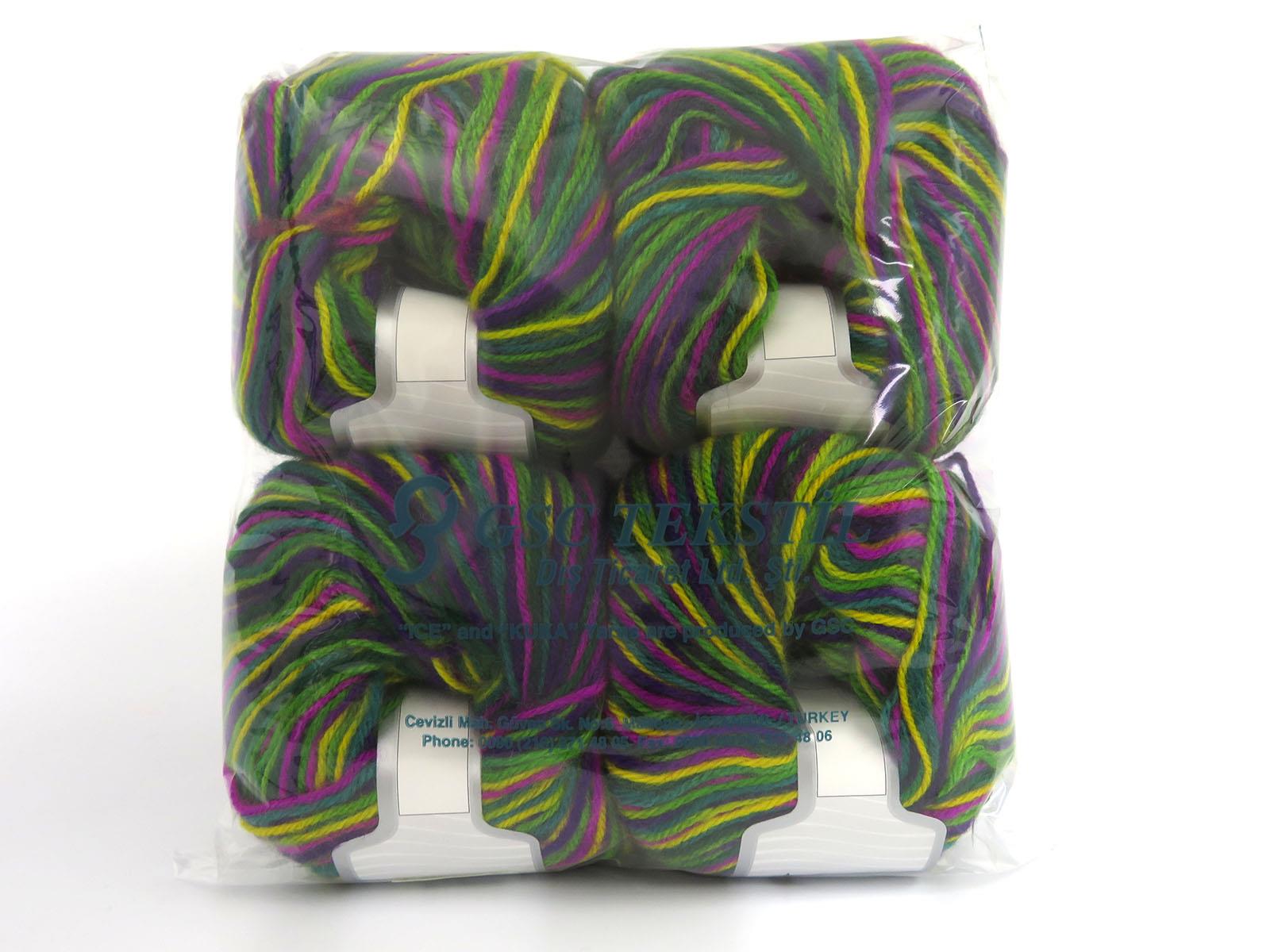 Wool Varicolor Worsted Yellow, Green Shades, Purple Shades