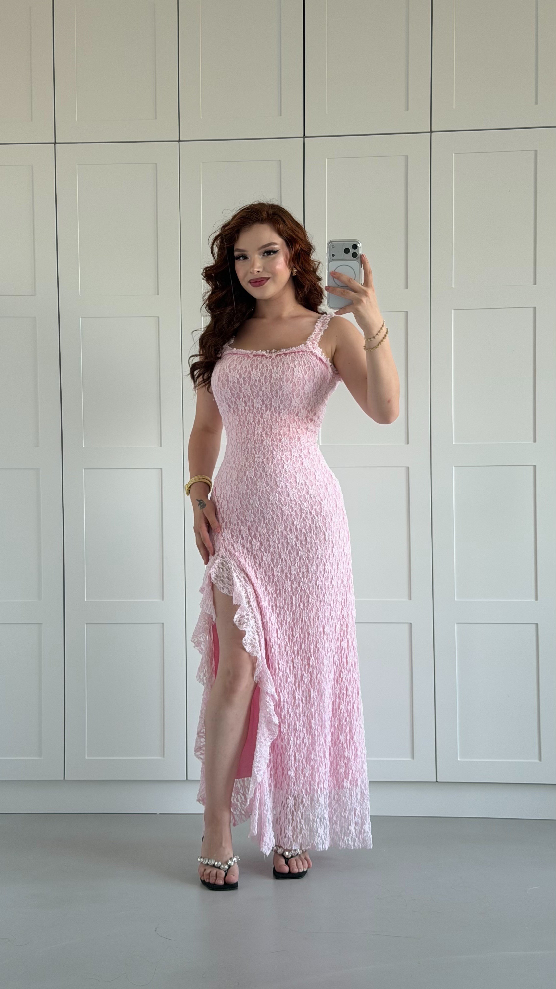 Mami Dantel Yırtmaçlı Elbise Pembe