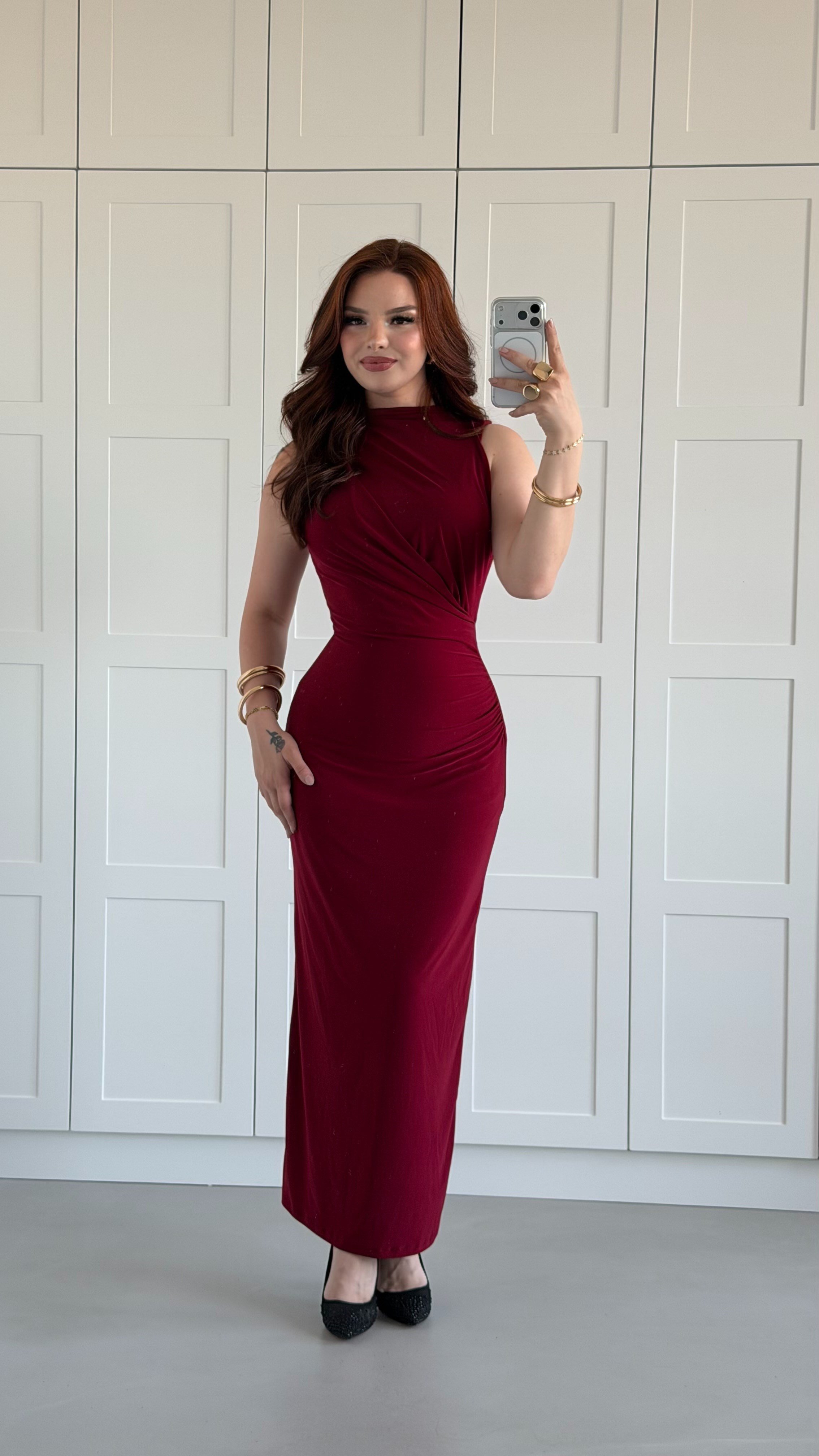 Loren Drape Elbise Bordo