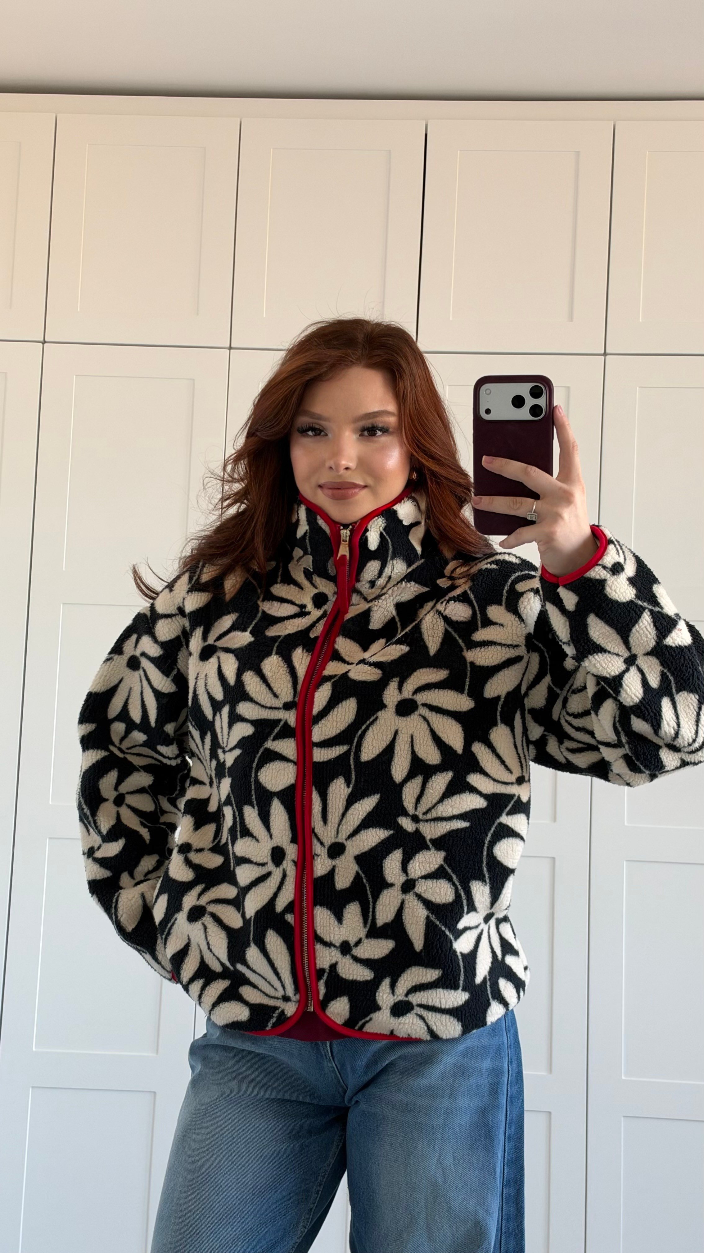 Peluş Oversize Fermuarlı Ceket Siyah Beyaz Çiçekli