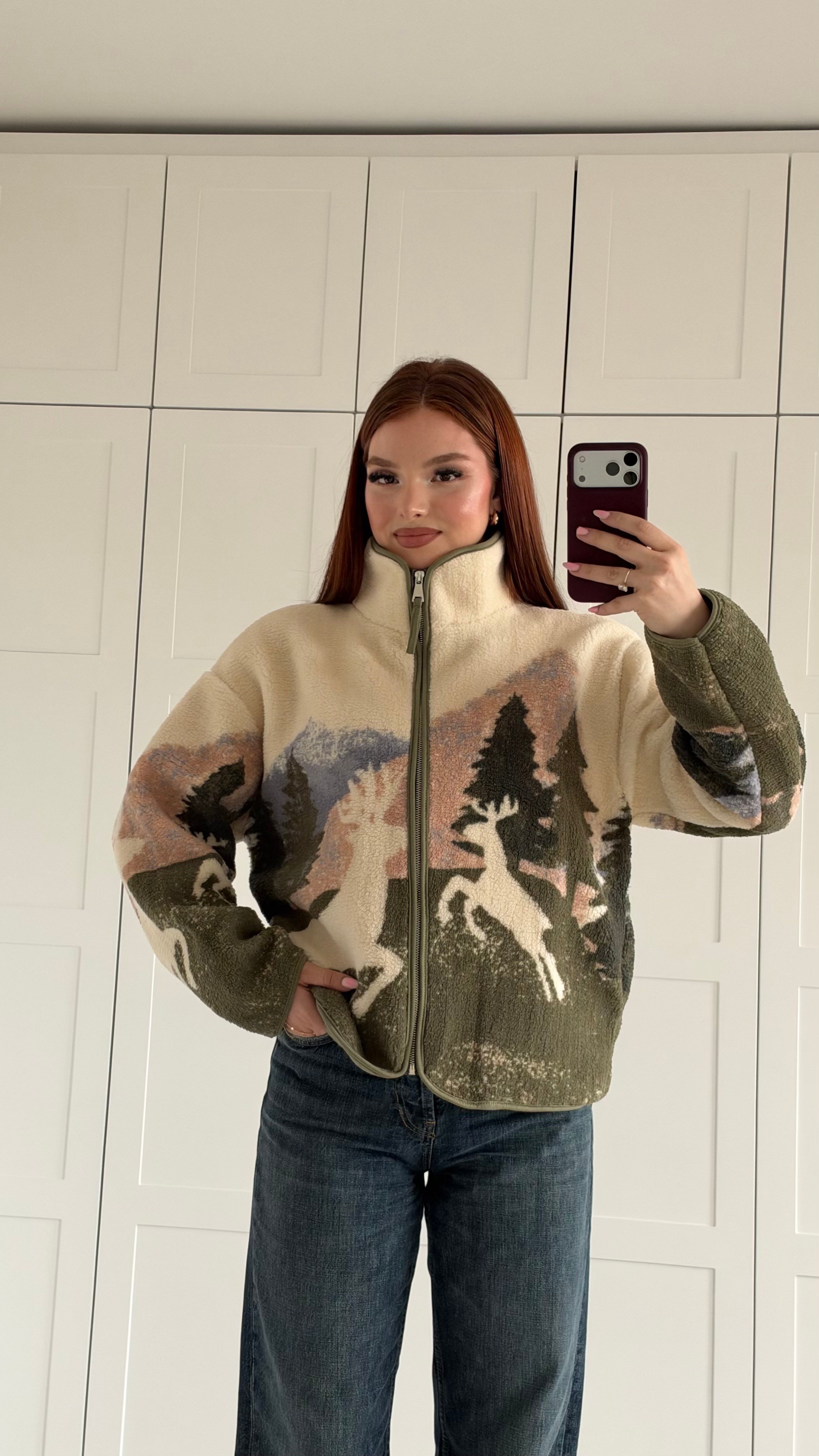 Peluş Oversize Fermuarlı Ceket Yeşil Aspen