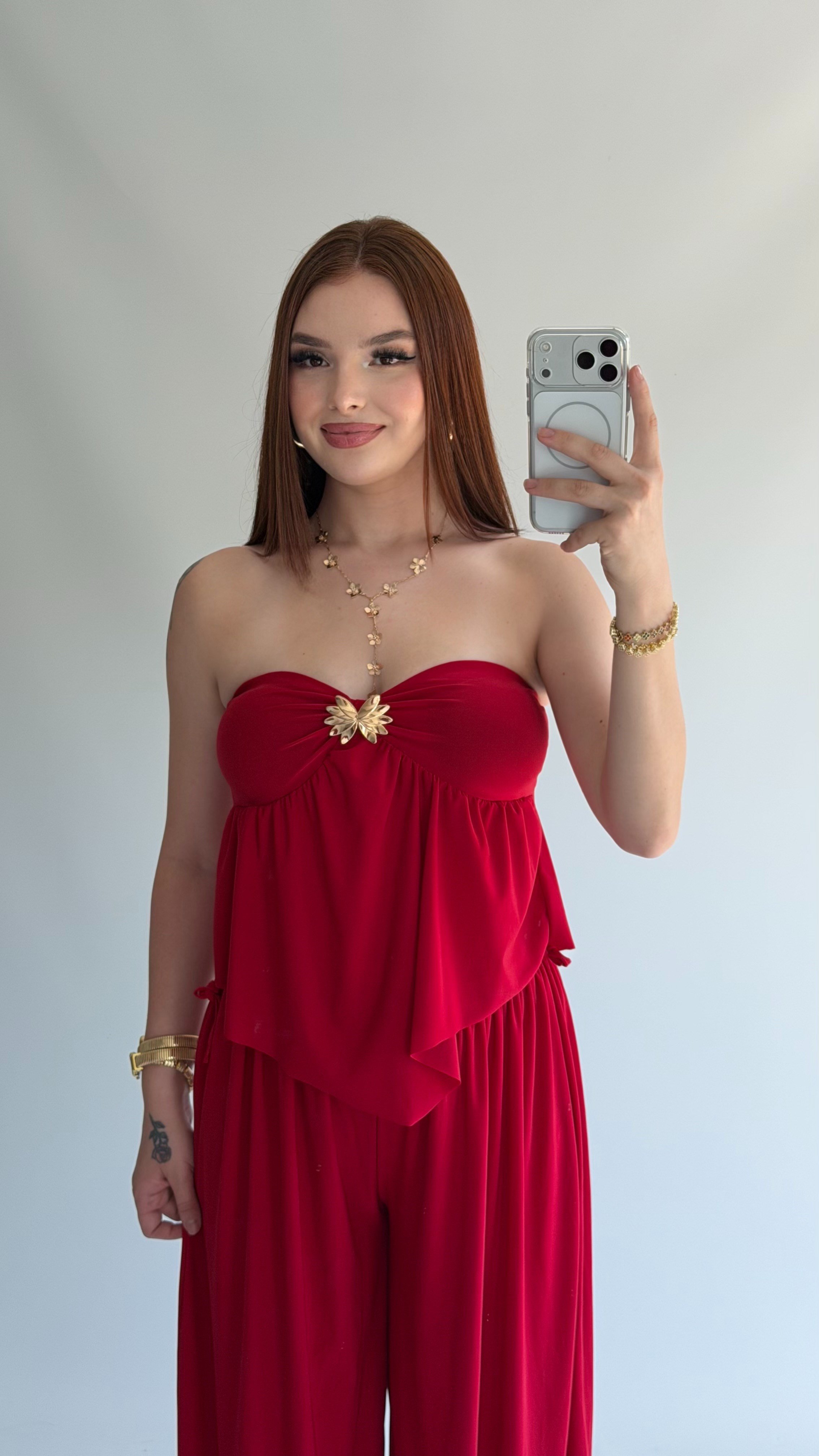 Gloplu Straplez Crop Kırmızı