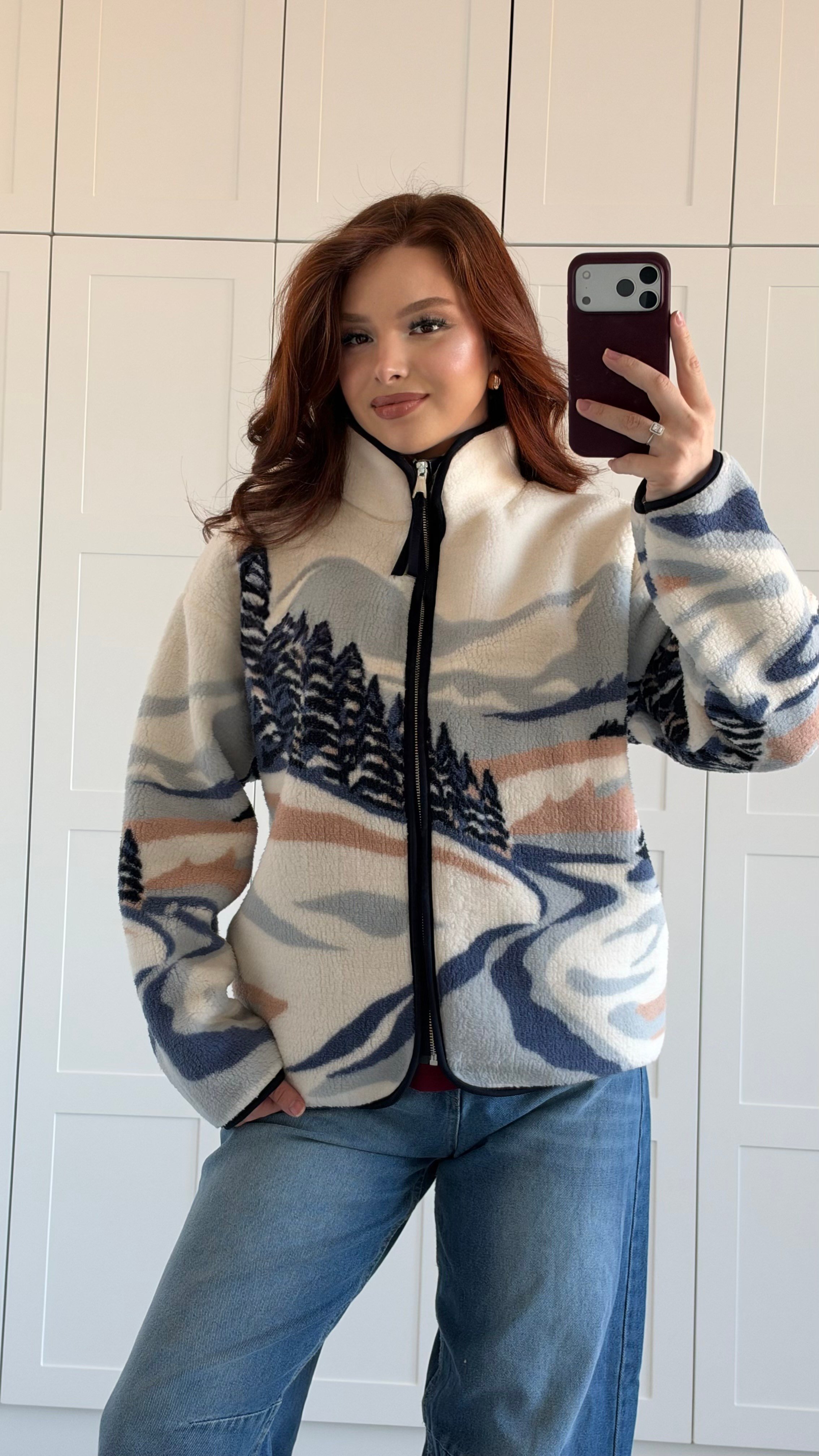 Peluş Oversize Fermuarlı Ceket Manzara Desenli