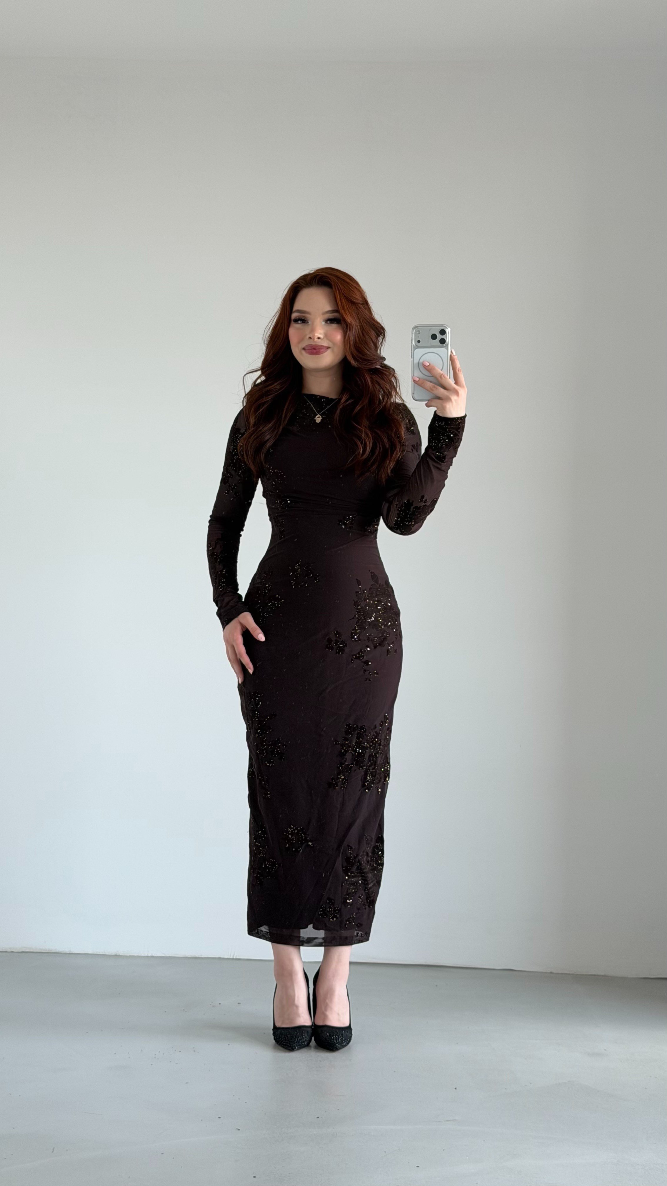 Çiçek Motif Detaylı Elbise Kahverengi