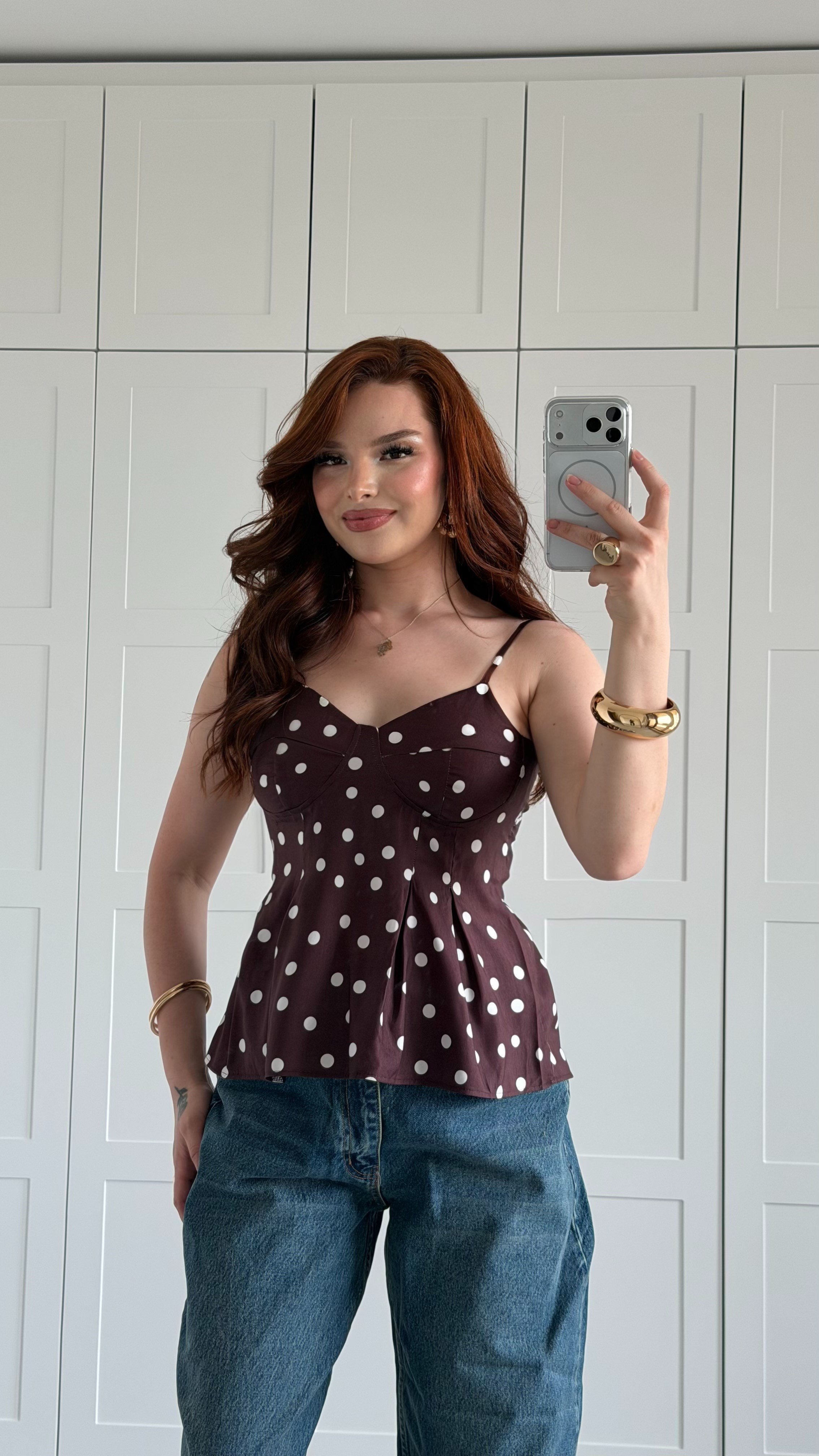 Puantiyeli Askılı Bluz Kahverengi