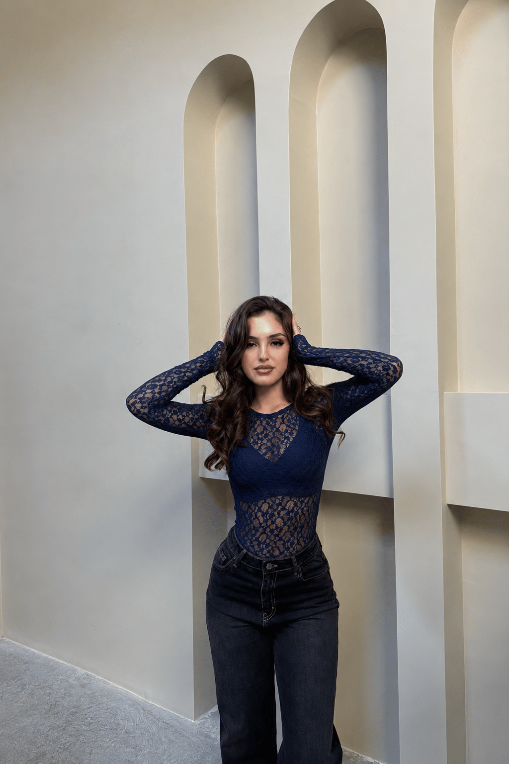 Milie Transparan Dantelli Bluz Lacivert