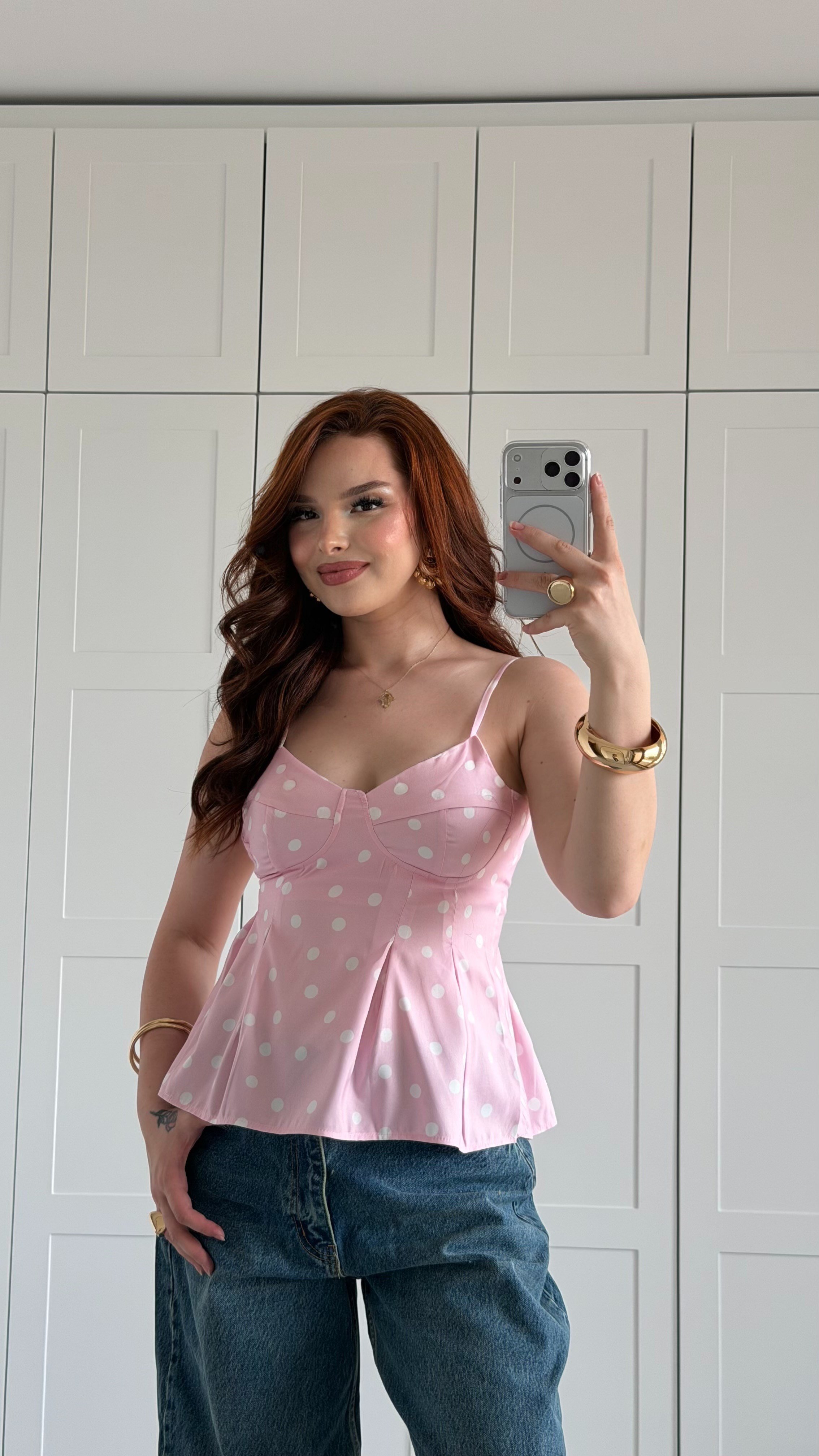 Puantiyeli Askılı Bluz Pembe