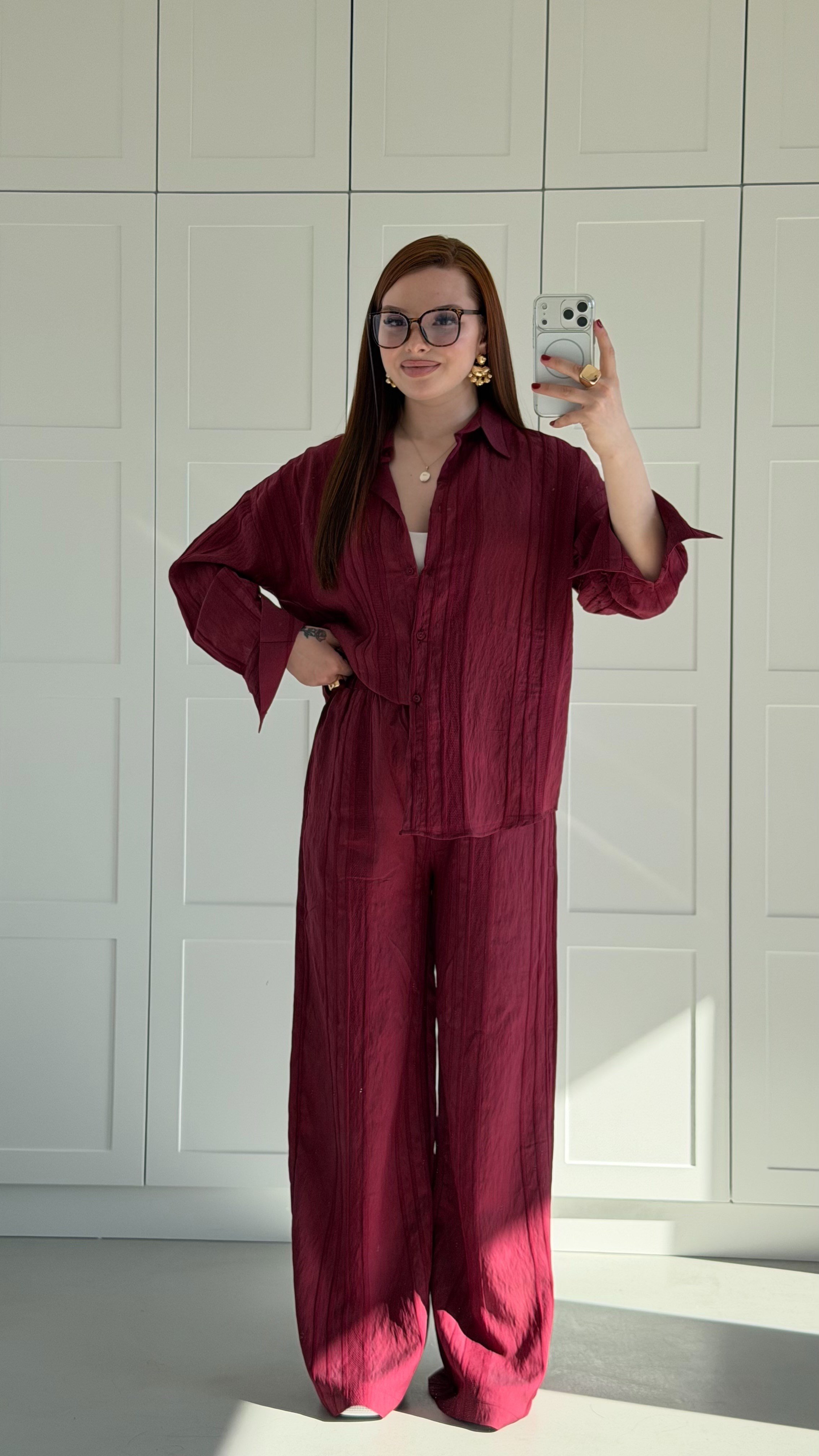 Müslin Keten Gömlek Takım Bordo