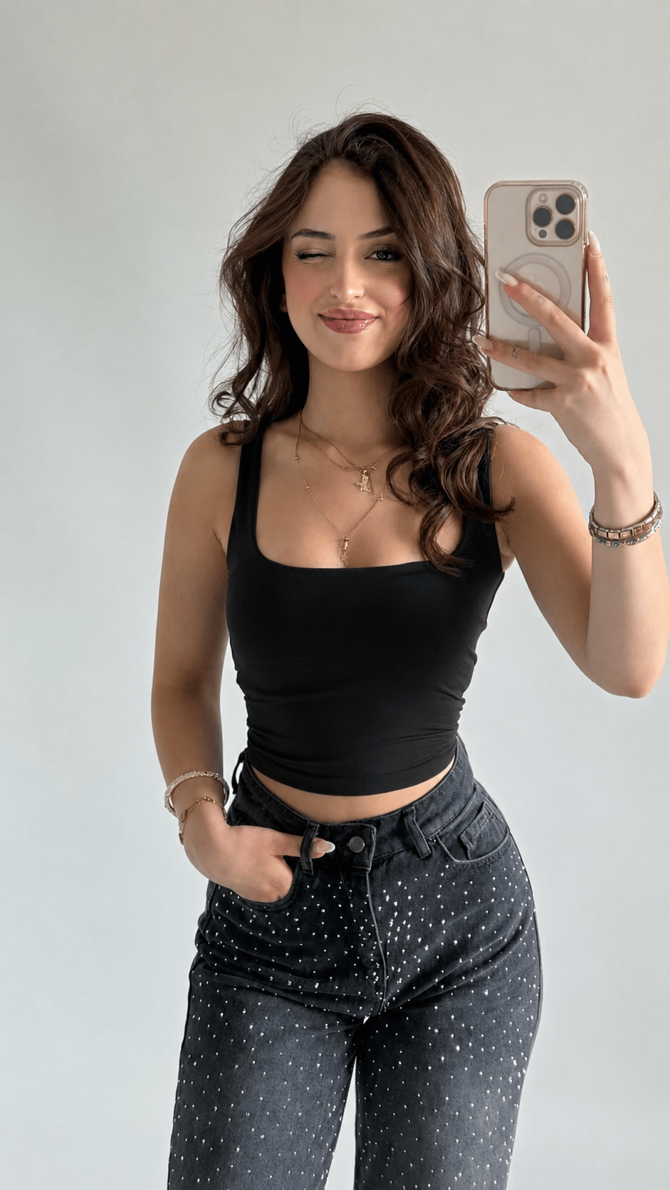 Square Neck Thick Strap Crop Tank Top Black