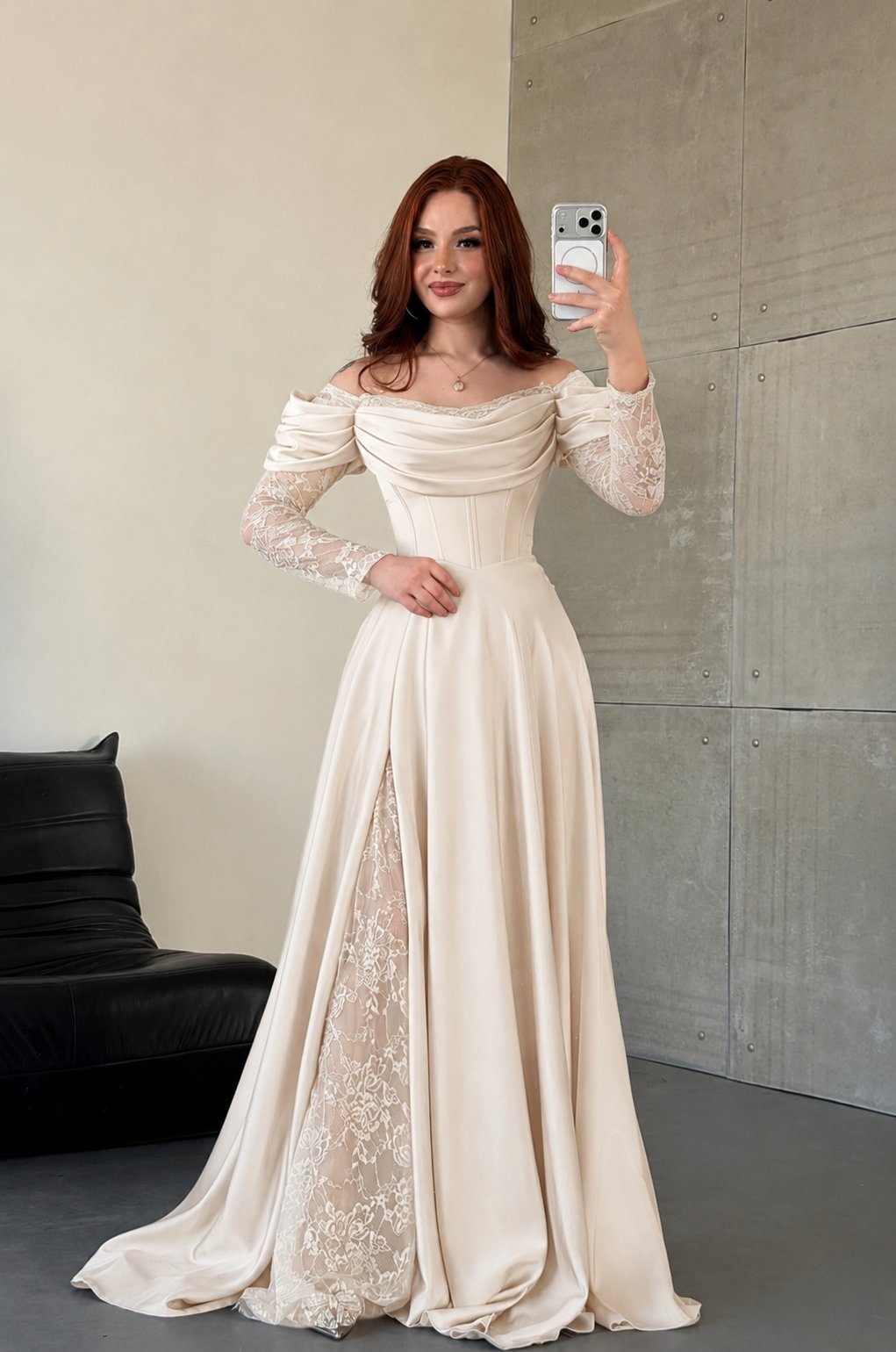 Royal Dantel Detaylı Ekru  Abiye 