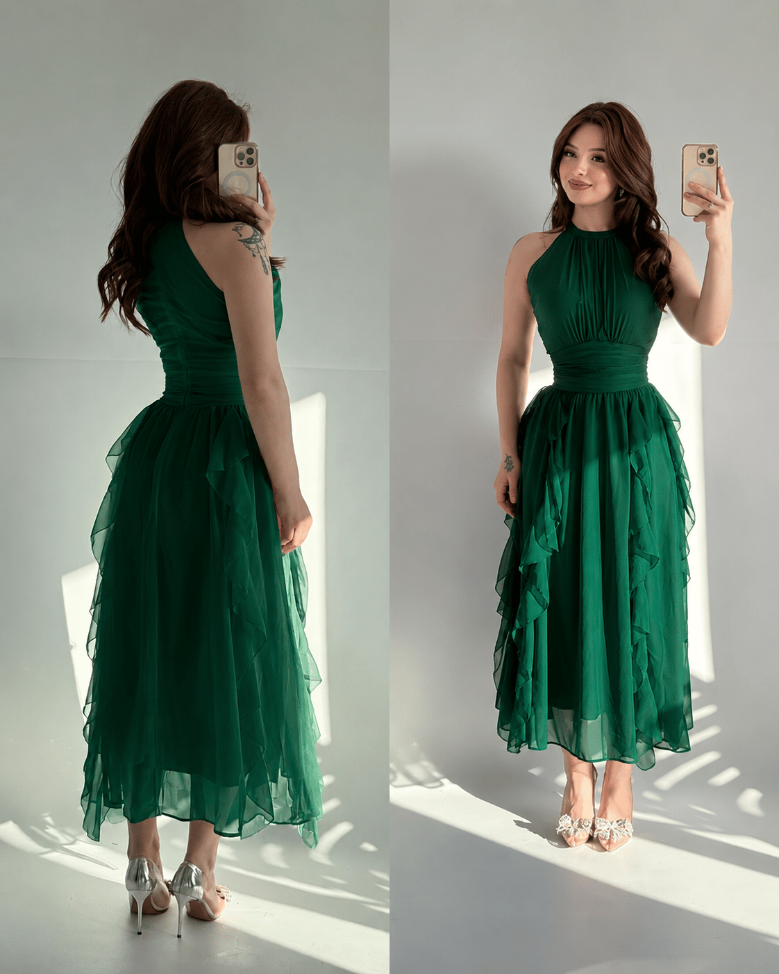 Şifon Drape Yaka Fırfırlı Elbise Yeşil
