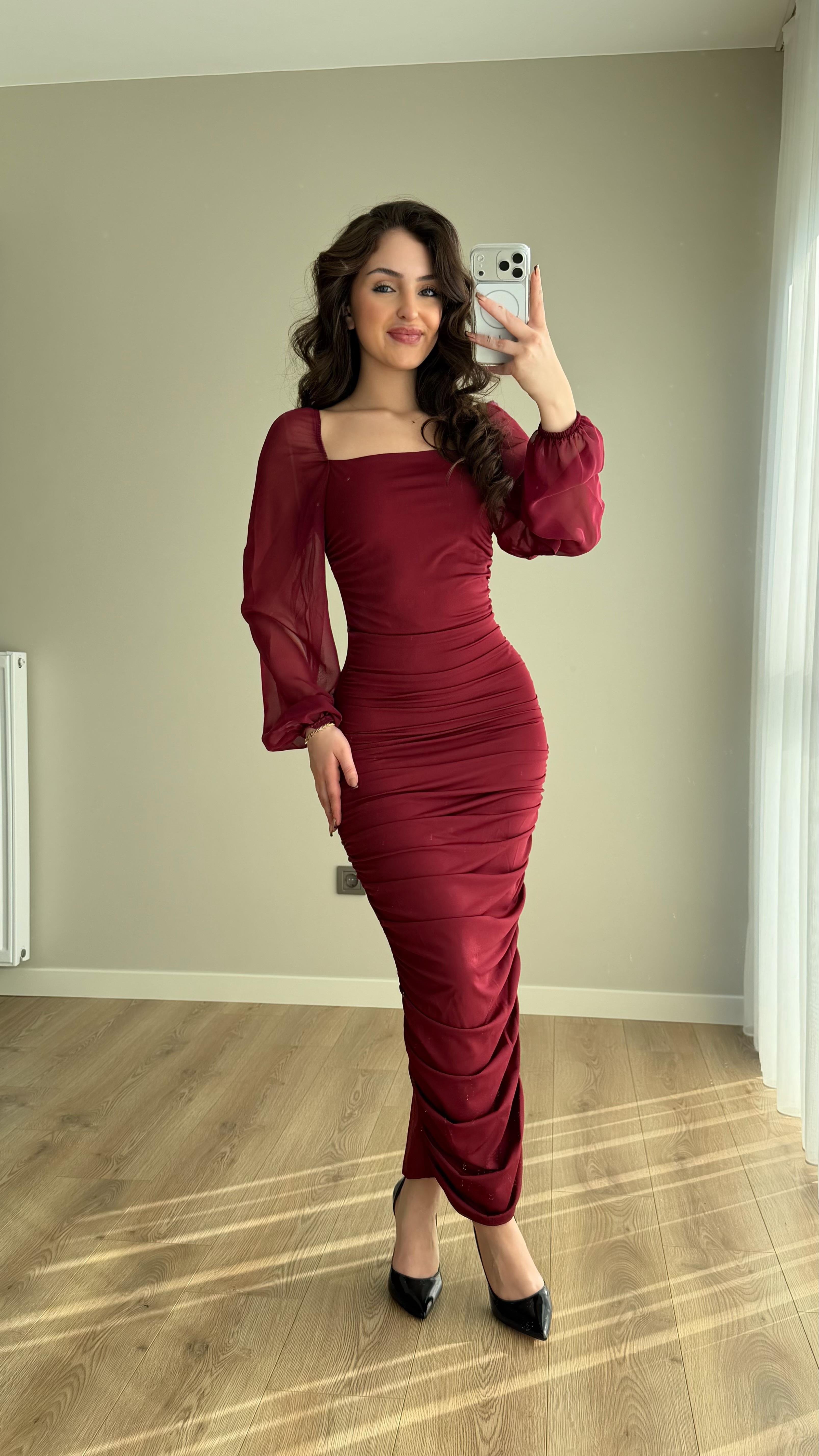Alessia Kol Transparan Kare Yaka ve Elbise Bordo