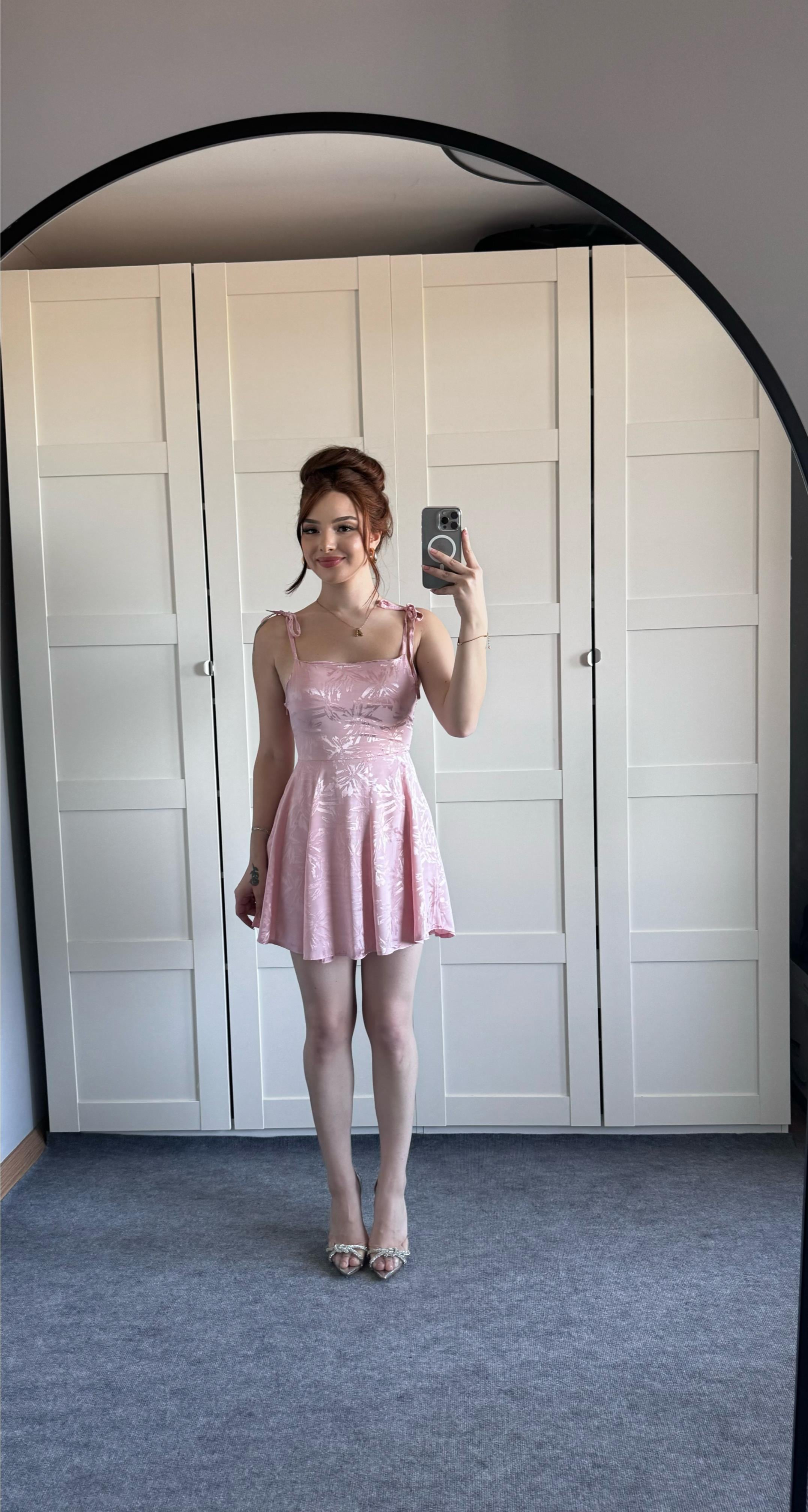 Anna Pembe Saten Mini Elbise