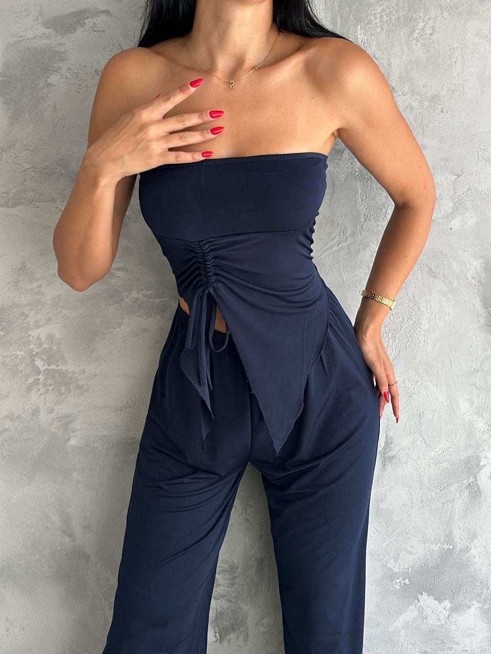 Ayarlanabilir Yırtmaçlı Straplez Crop Lacivert 