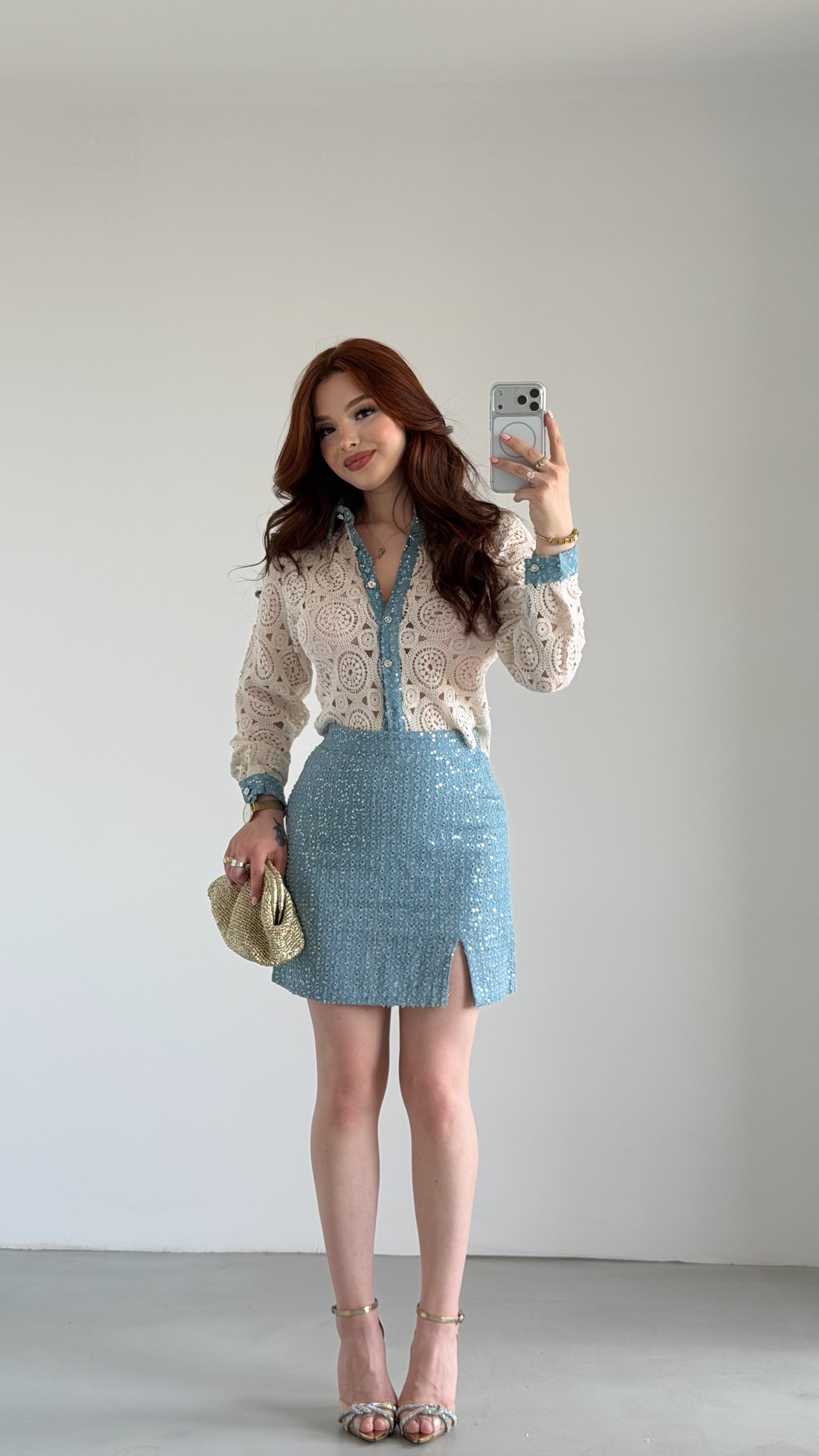 Mini Pullu Denim Etek Mavi