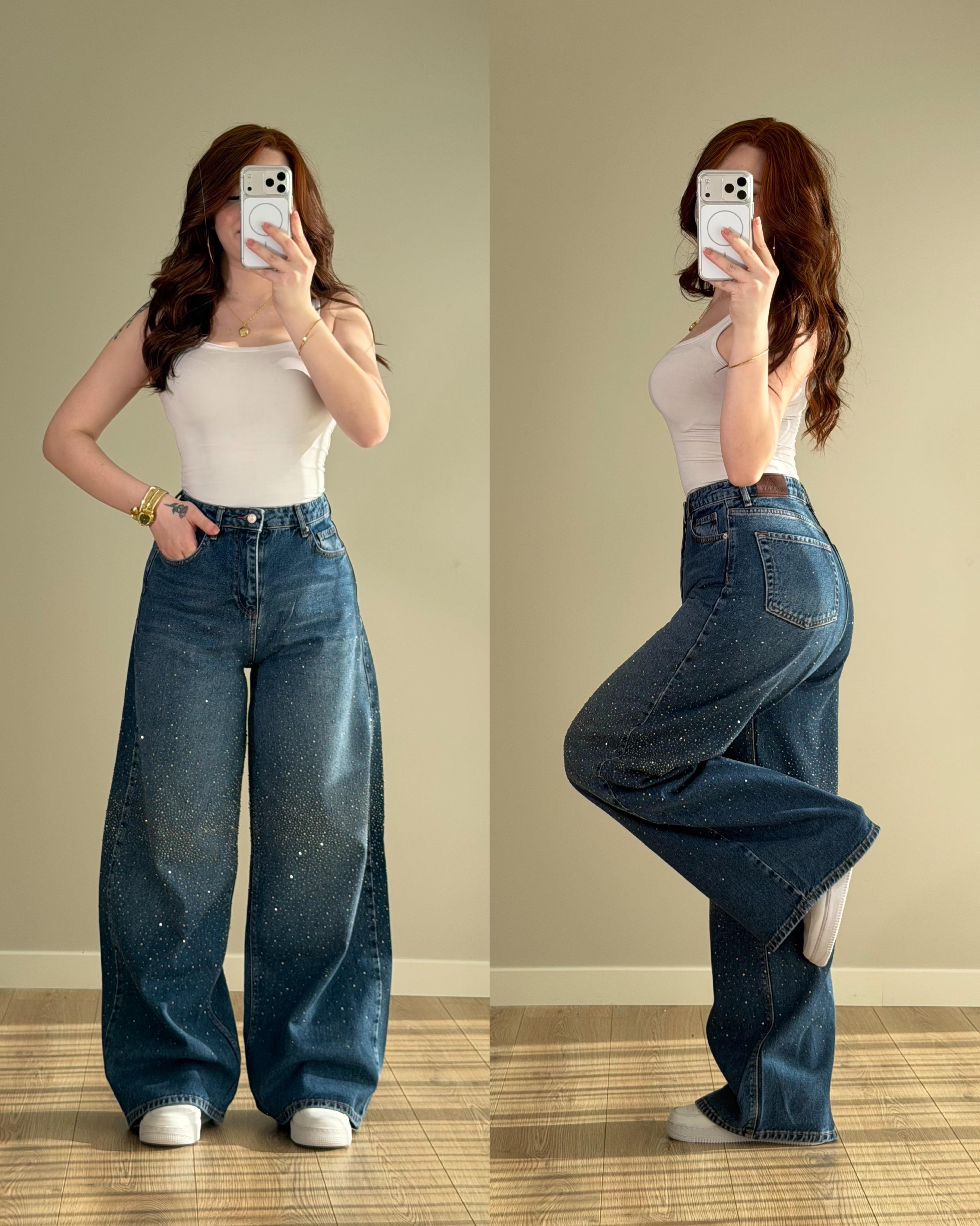 Baggy Ön Arka Taşlı Pantolon Mavi