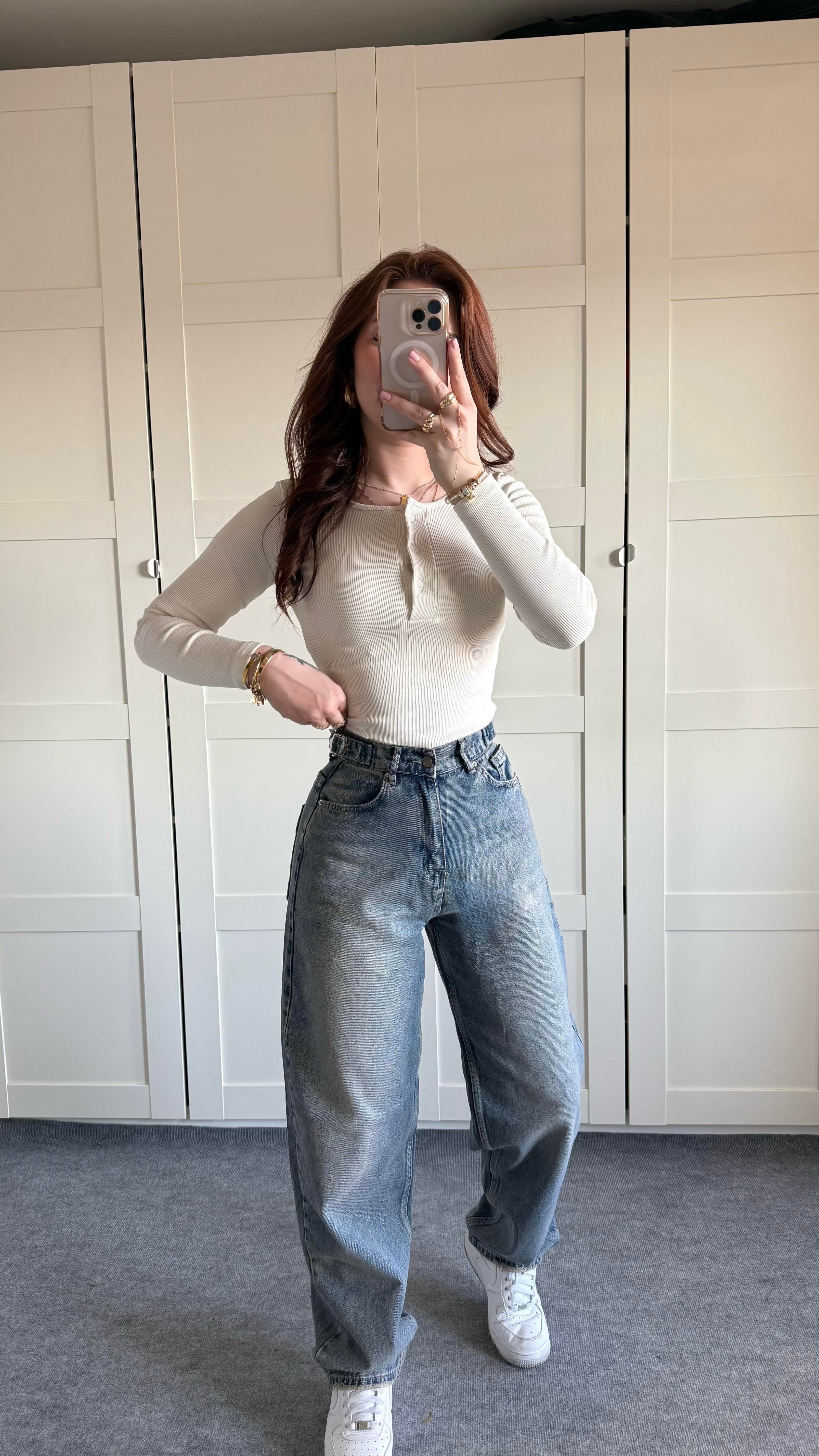 Baggy Viral Jeans Çift Kemer Eskitme