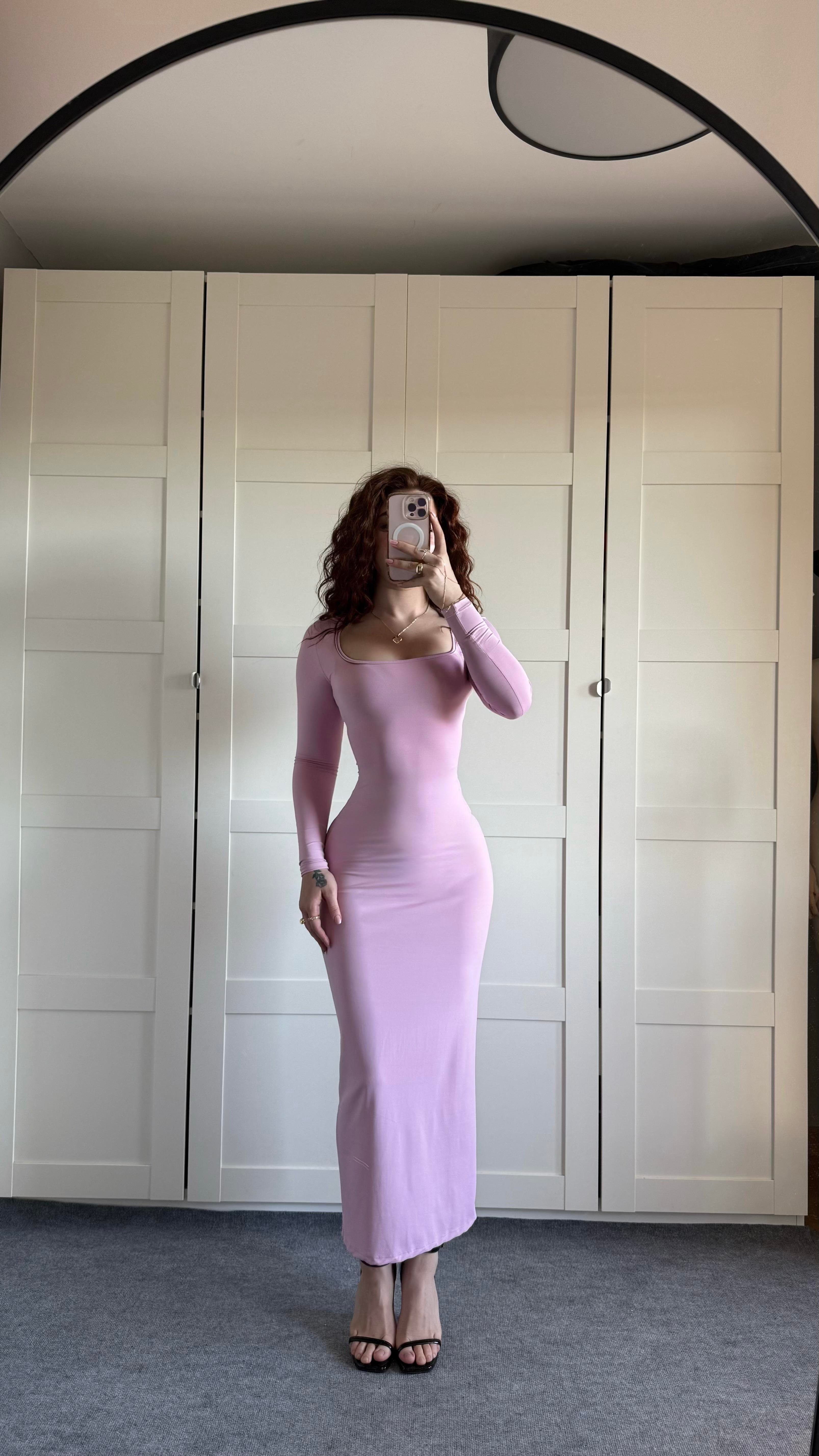 Basıc Kare Yaka Elbise Uzun Pembe
