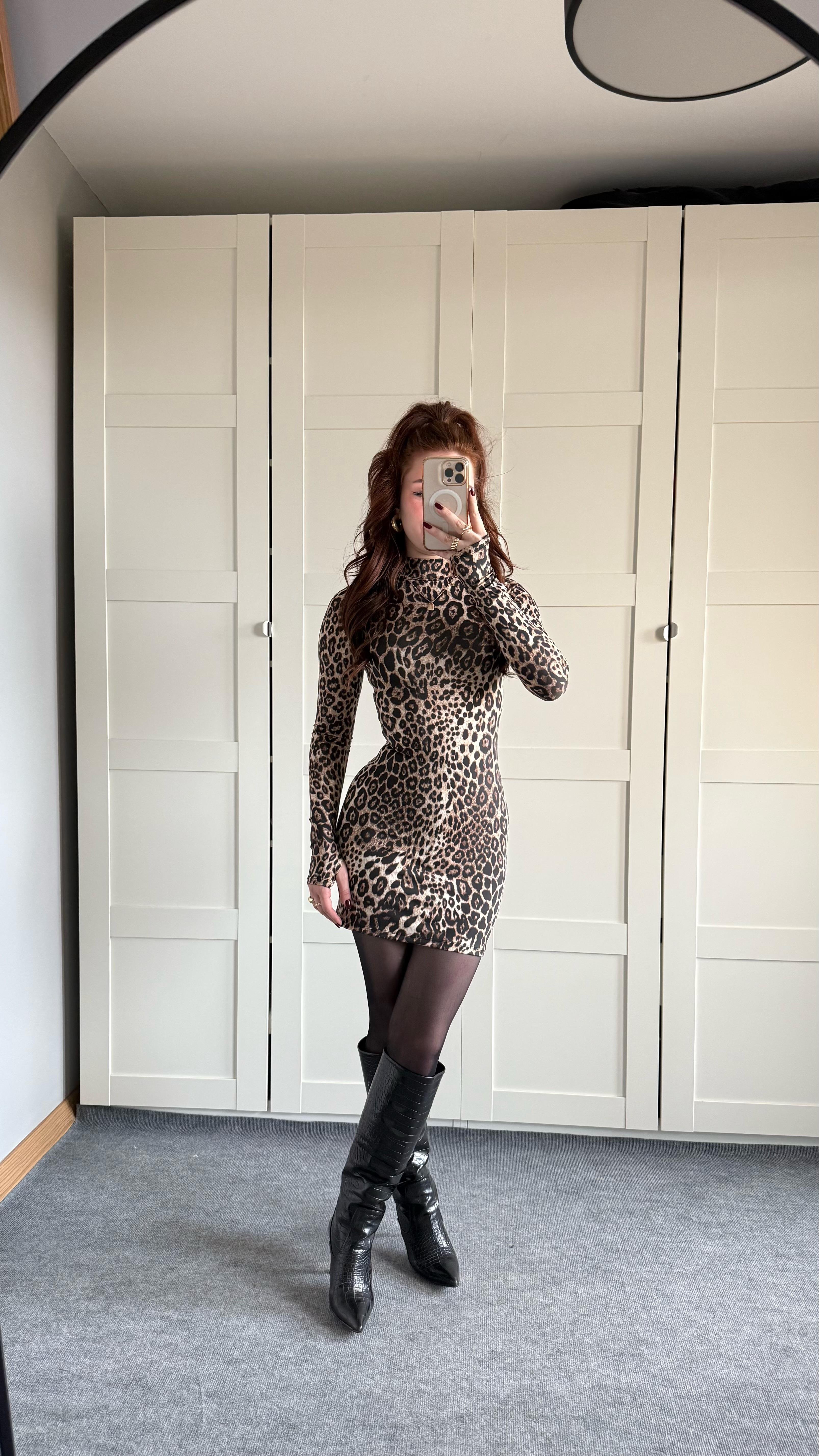 Basıc Parmak geçirmeli Mini Elbise Leopar