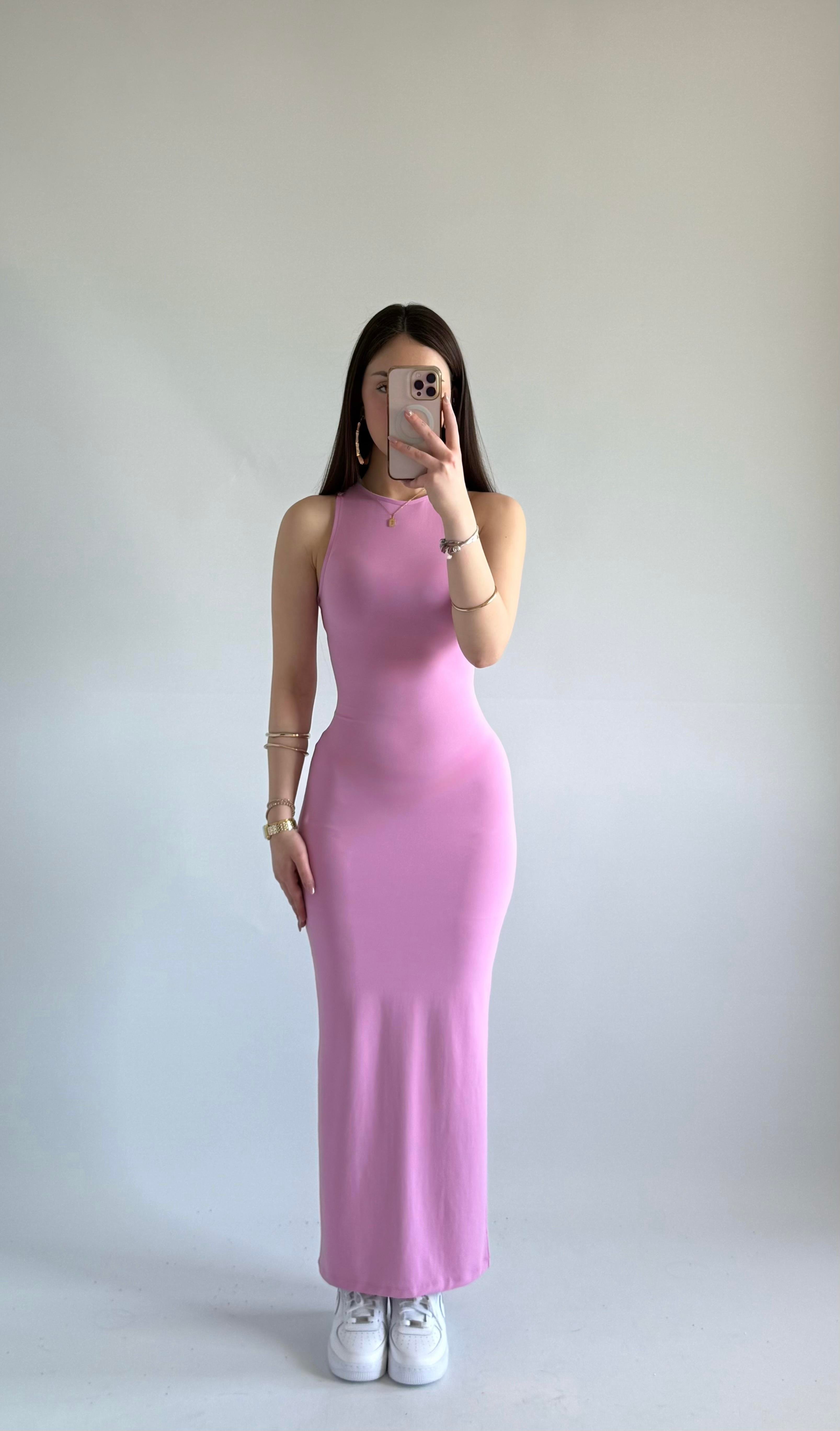Basıc Sıfır Kol Maxi Elbise Pembe
