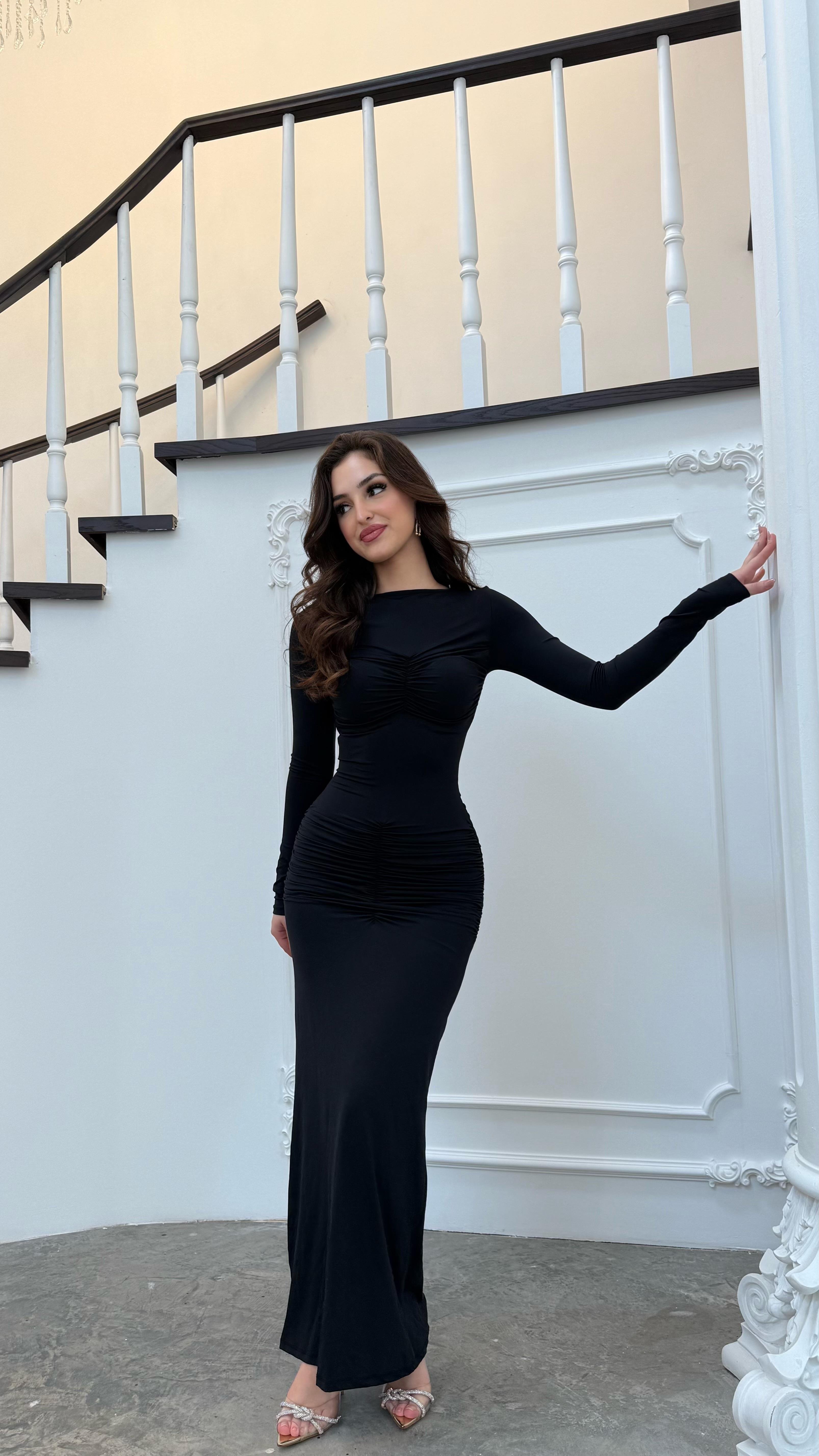 Beliz Drape Detay Uzun Elbise Siyah