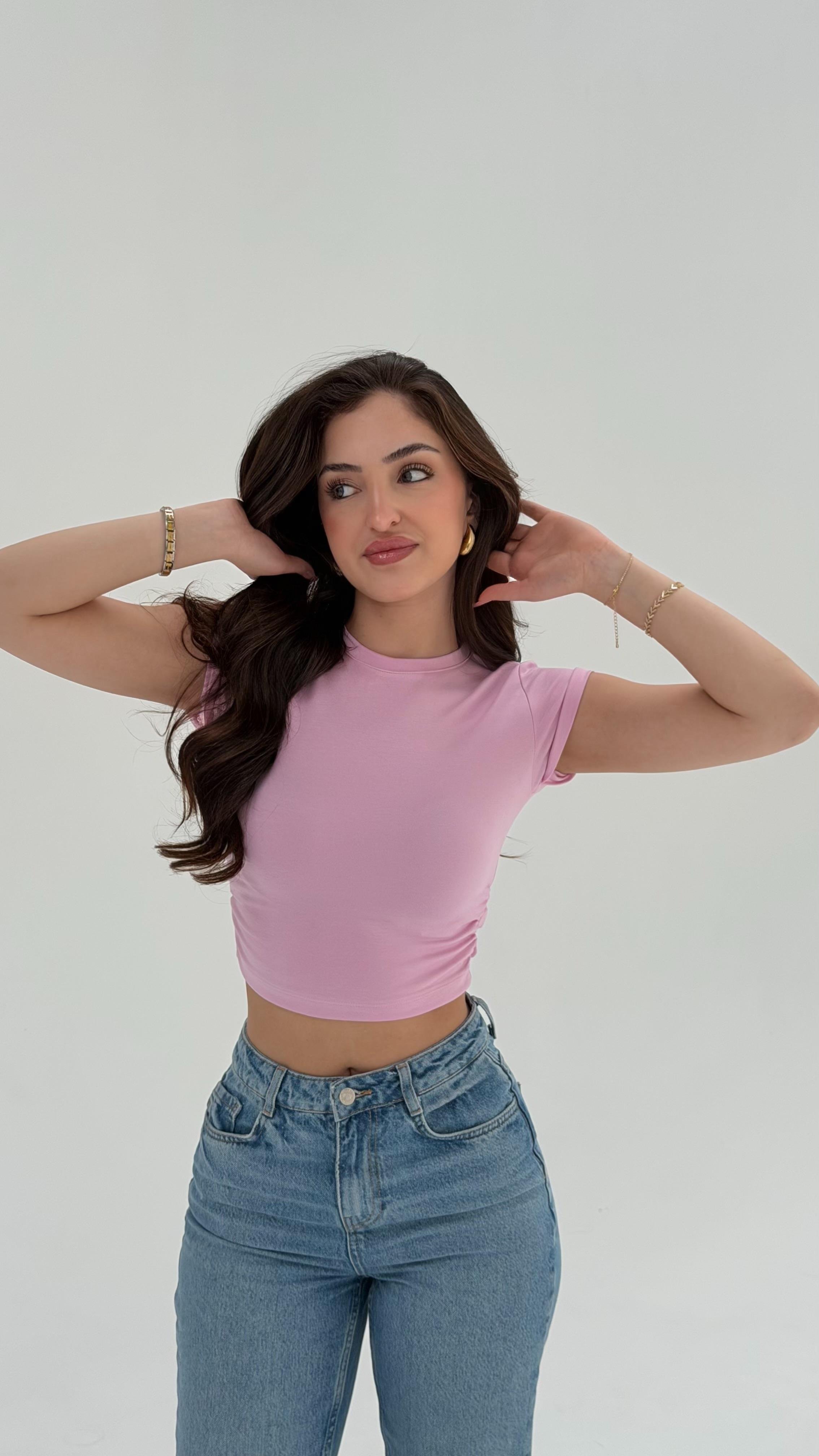 Berita Yanları Büzgülü Crop Pembe