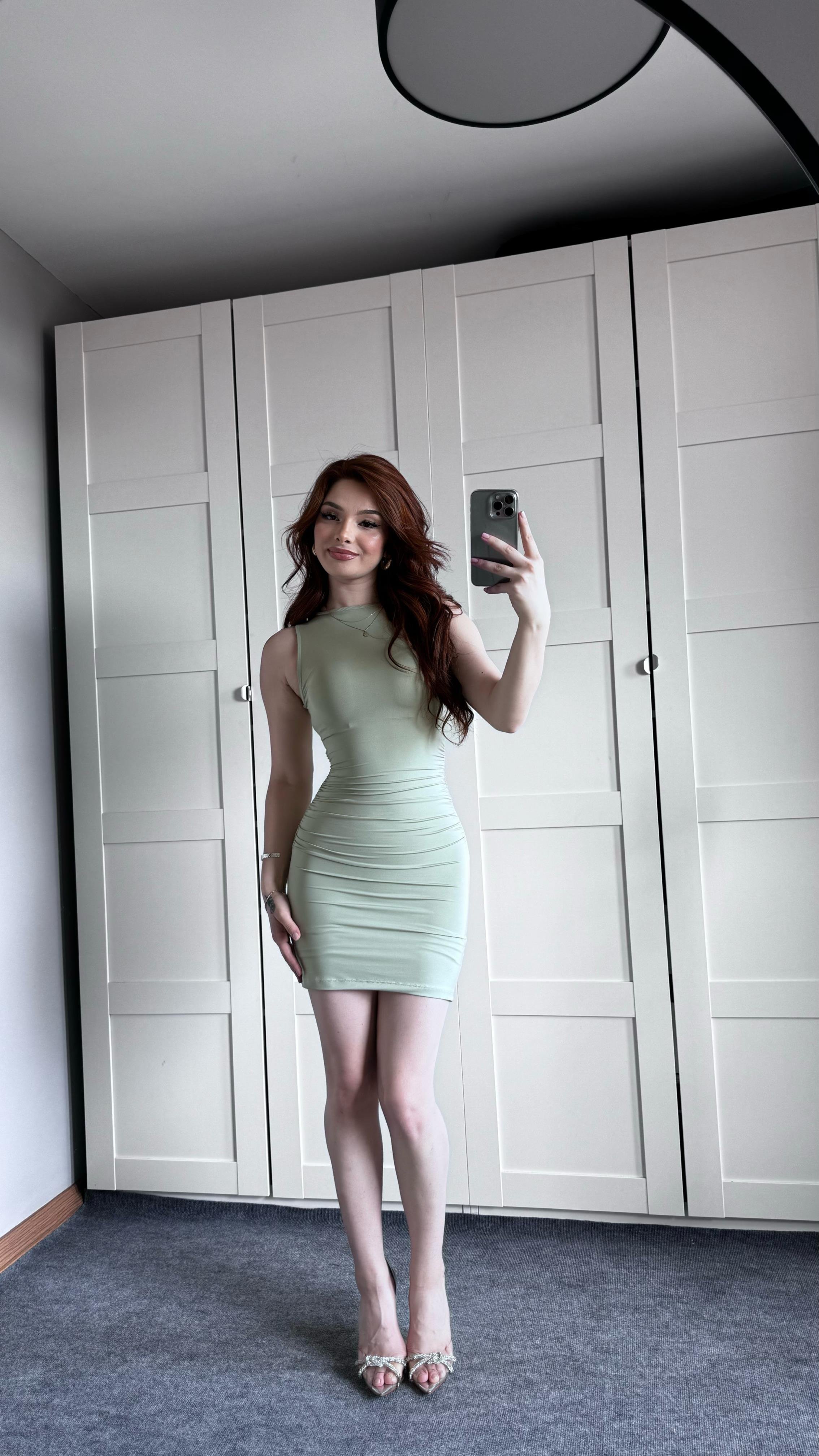 Bershka Drapeli Mini Mint Yeşil Elbise