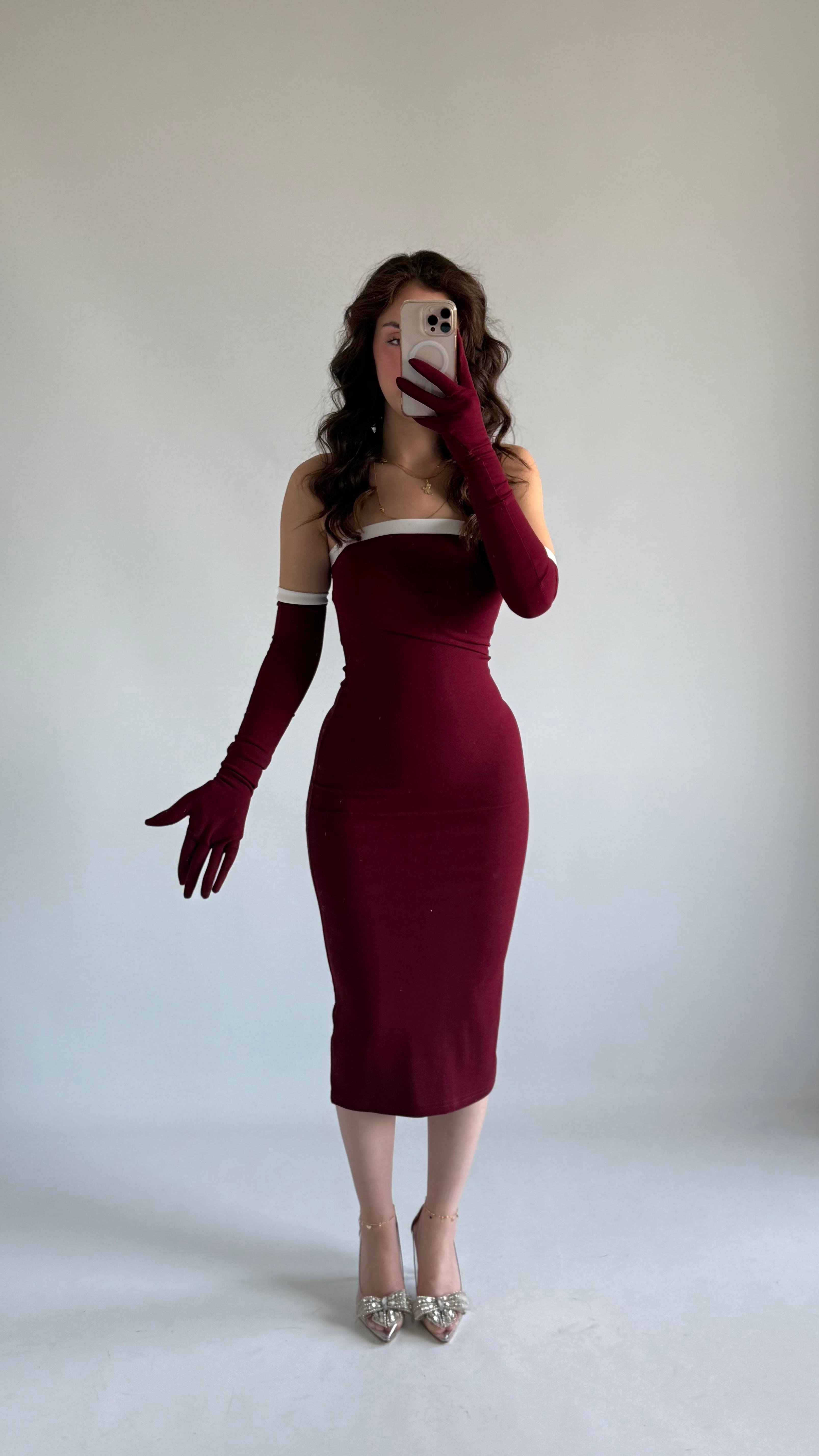 Bordo Straplez Eldivenli Elbise Kampanya