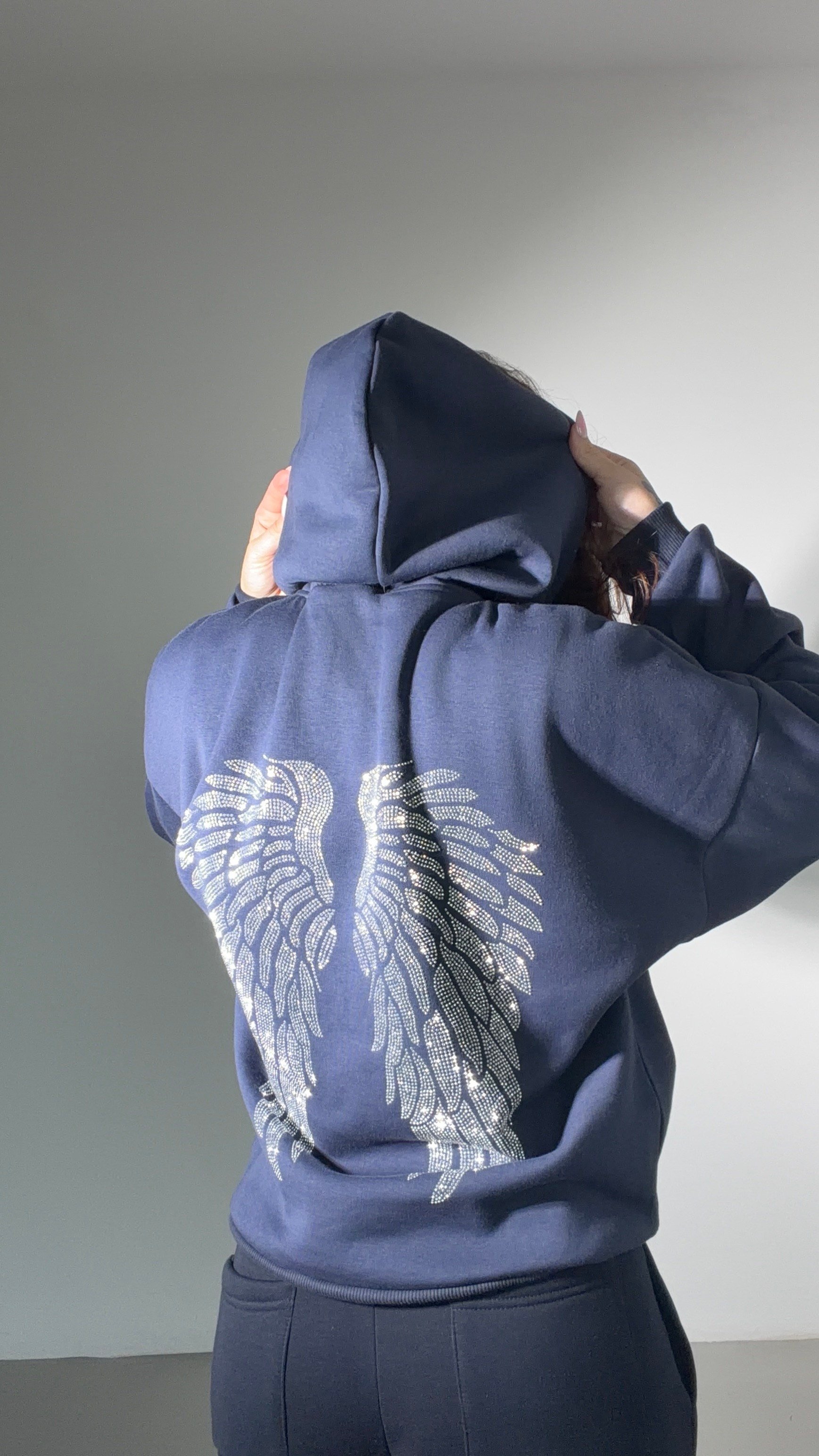 Wings Rhinestone Sweatshirt Navy Blue