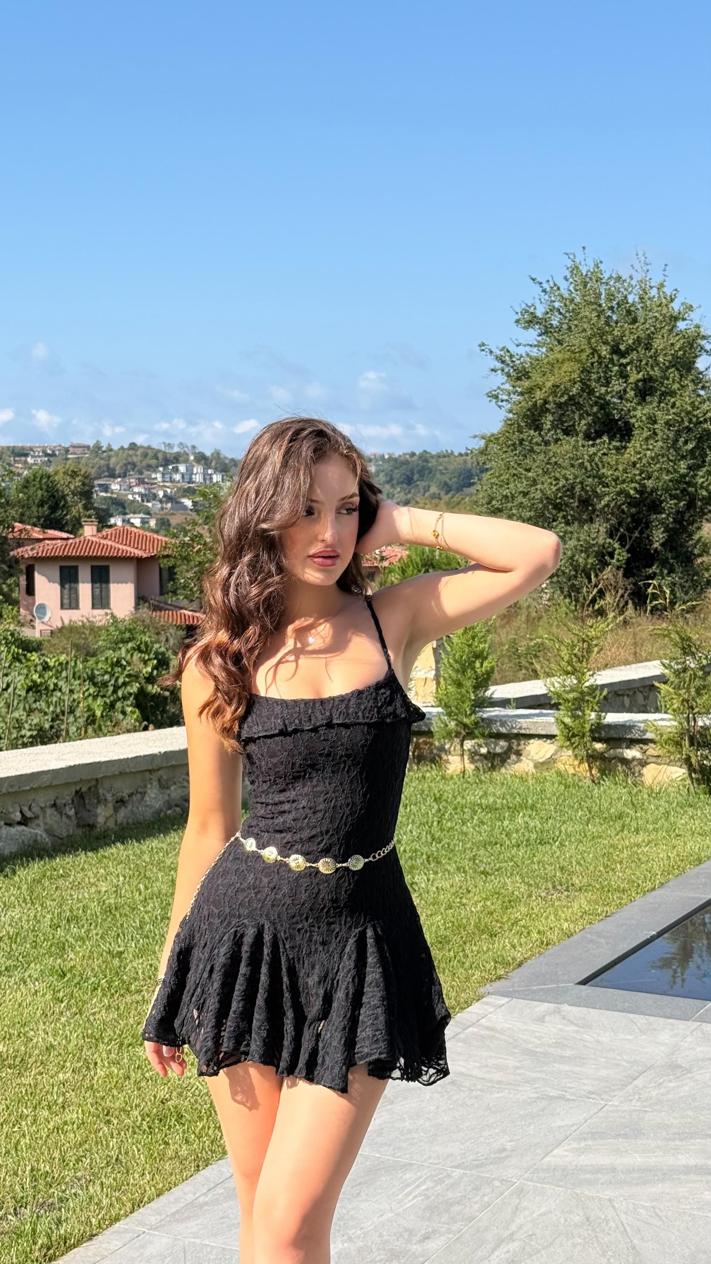 Caroline Dantel Mini Elbise Siyah