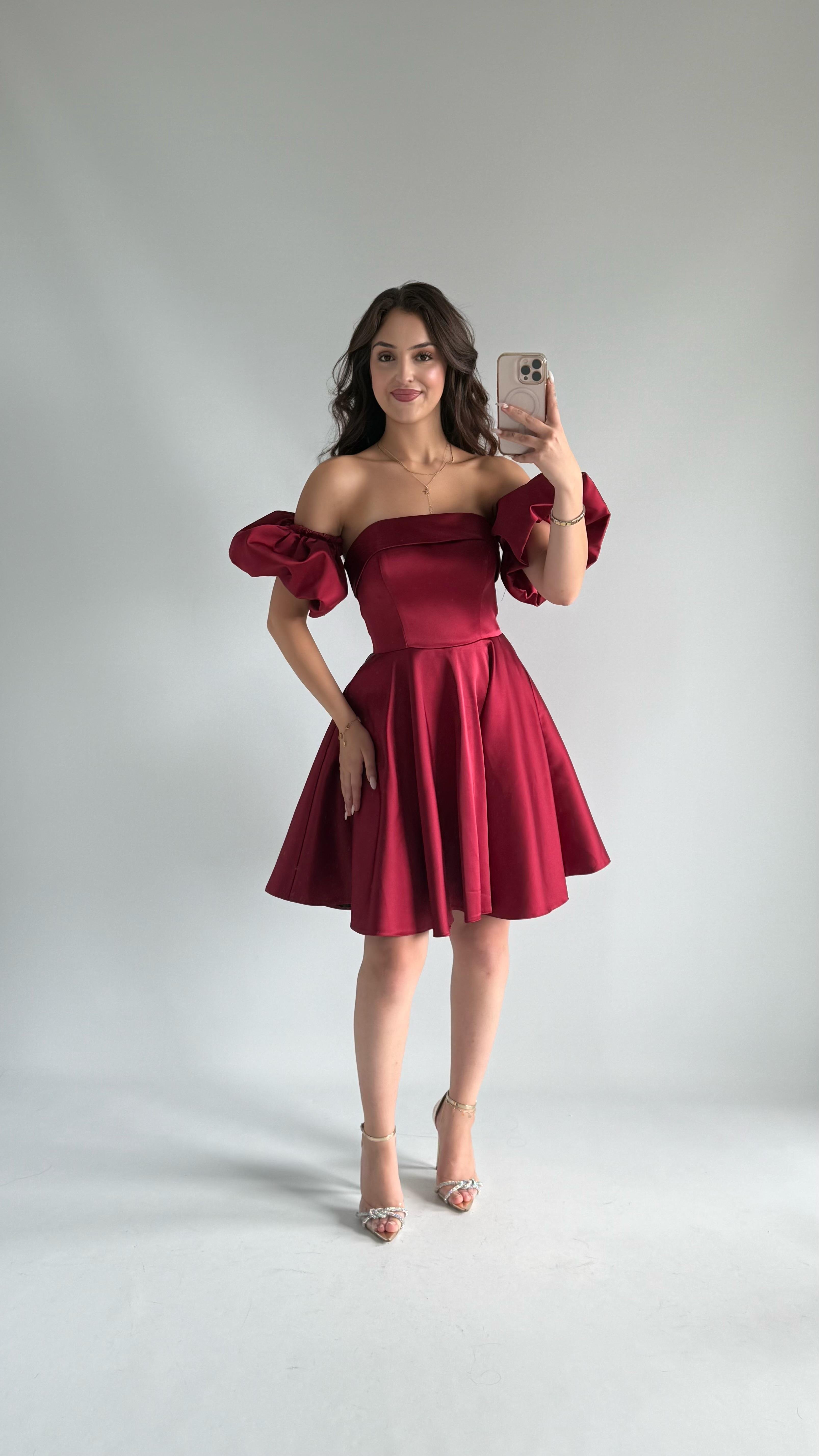 Chloe Balon Kol Mini Abiye Bordo