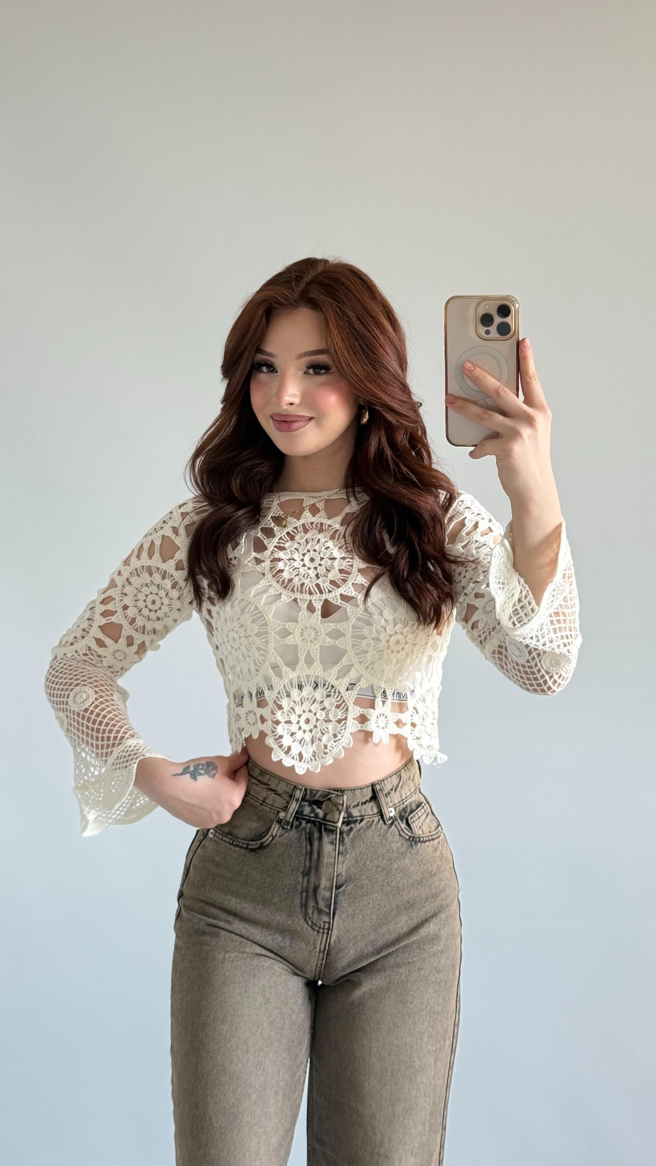 Dantel İşleme Crop Ekru
