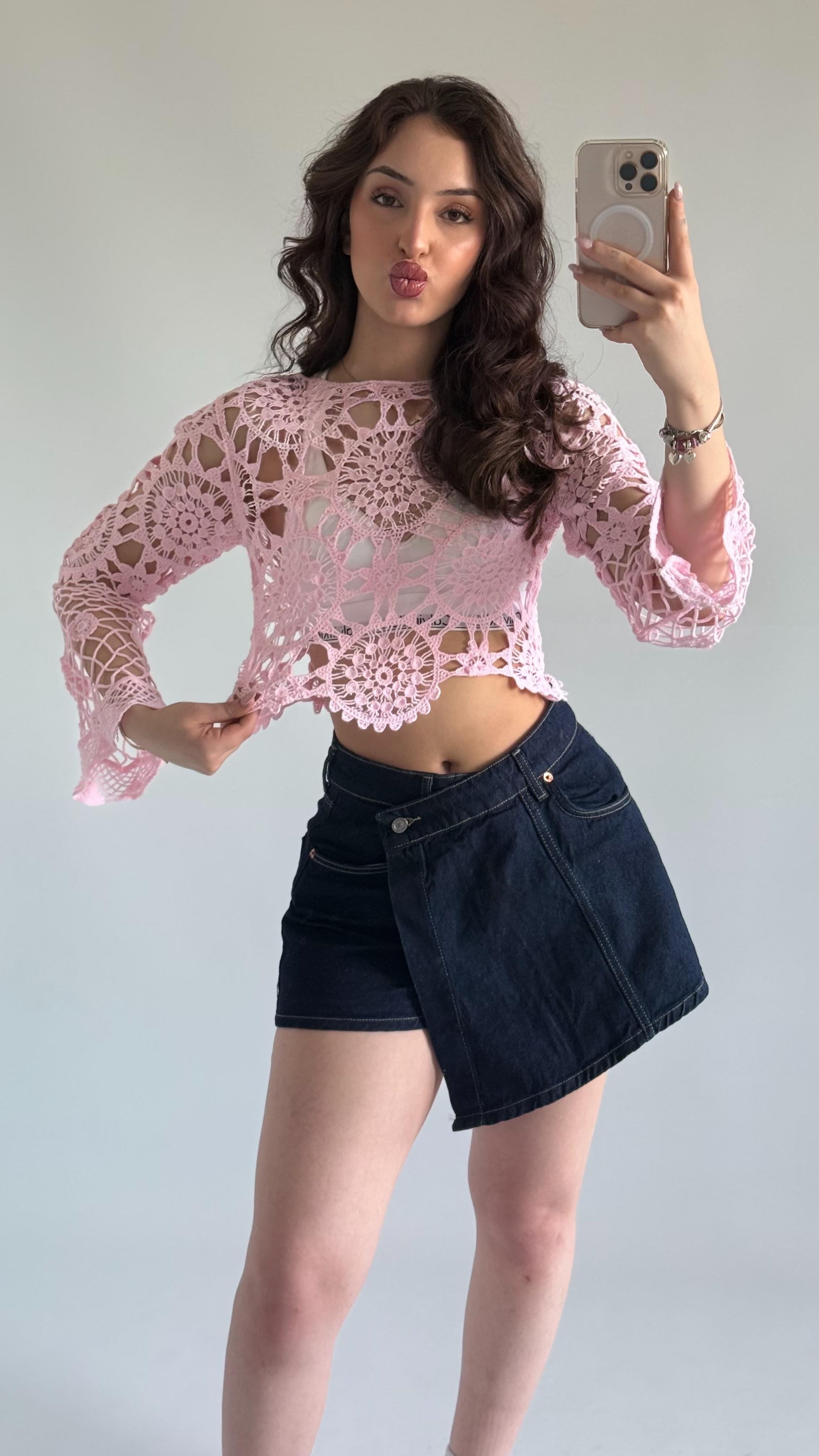 Dantel İşleme Crop Pembe