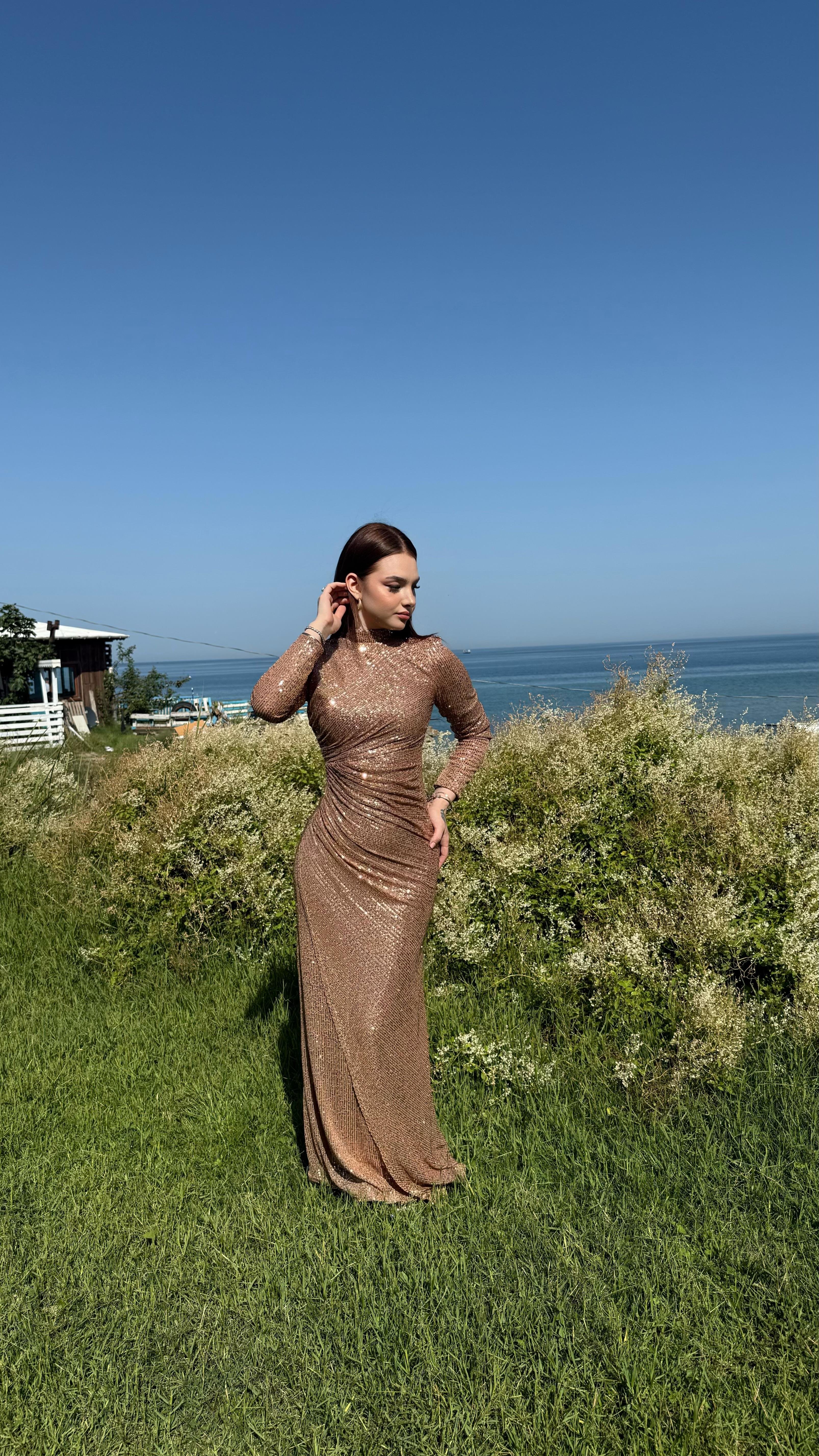 Disa Pul Payetli Abiye Rose Gold