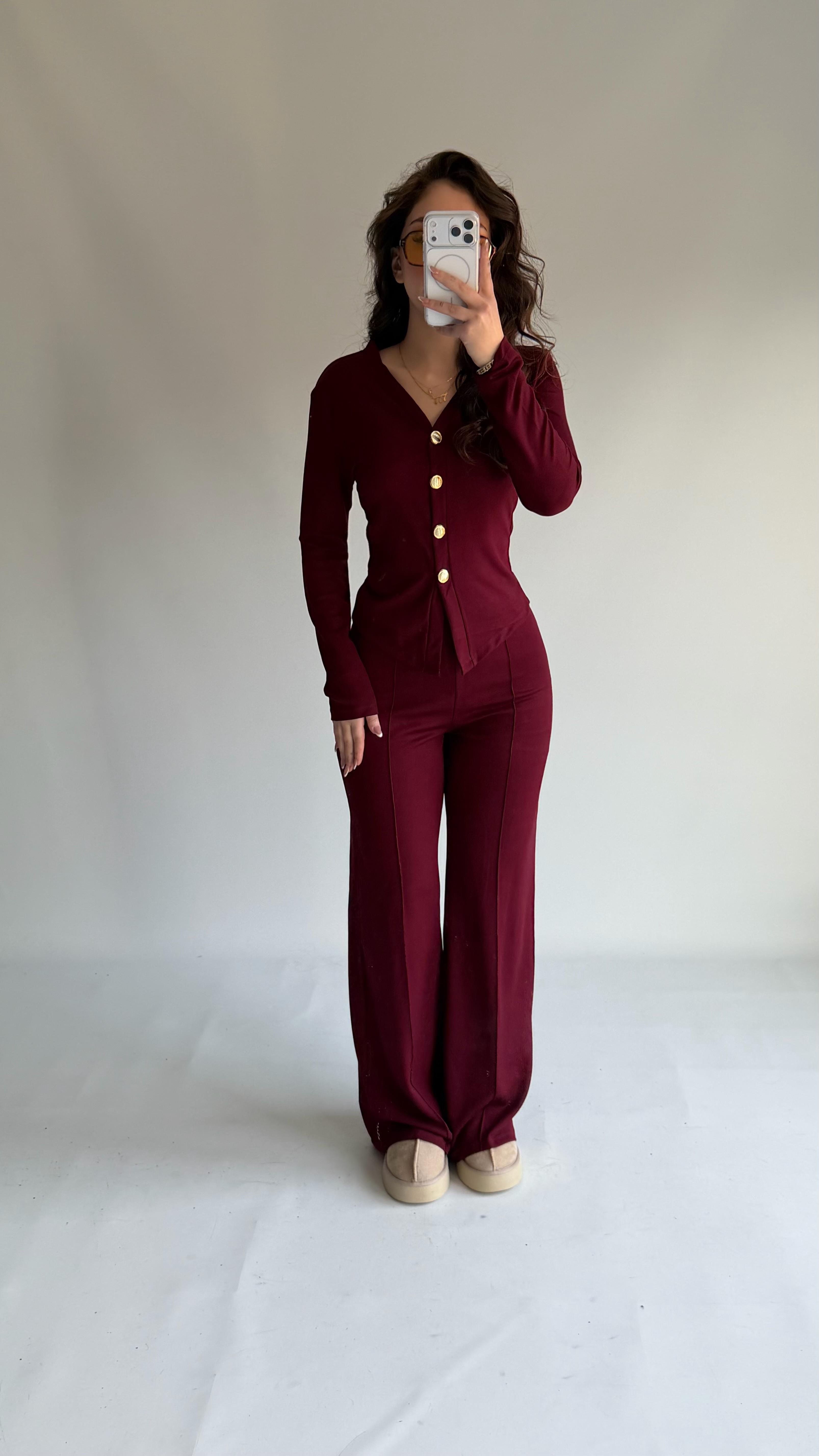 Düğmeli Premium Fitilli Takım Bordo