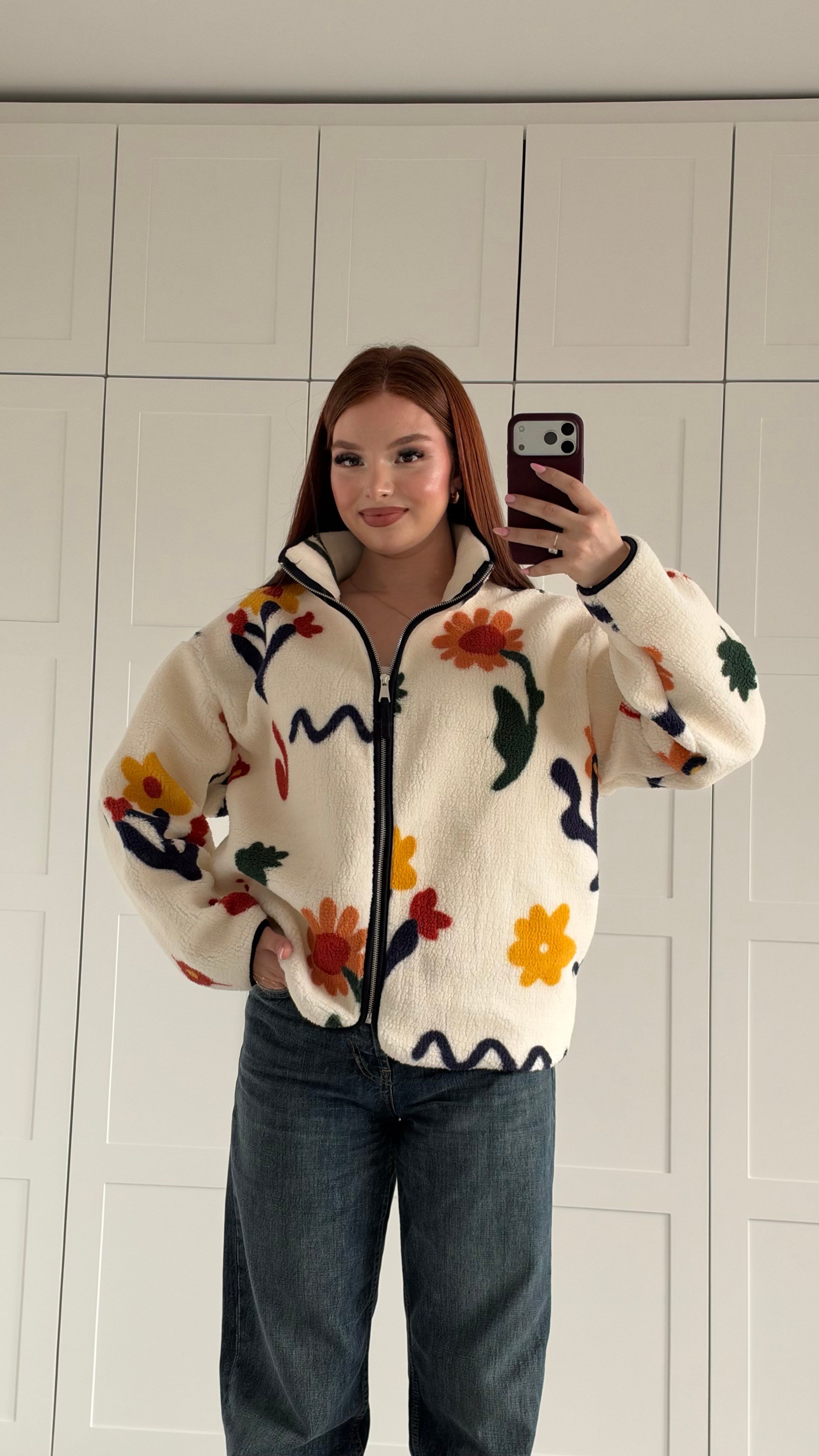 Peluş Oversize Fermuarlı Ceket Çiçekli
