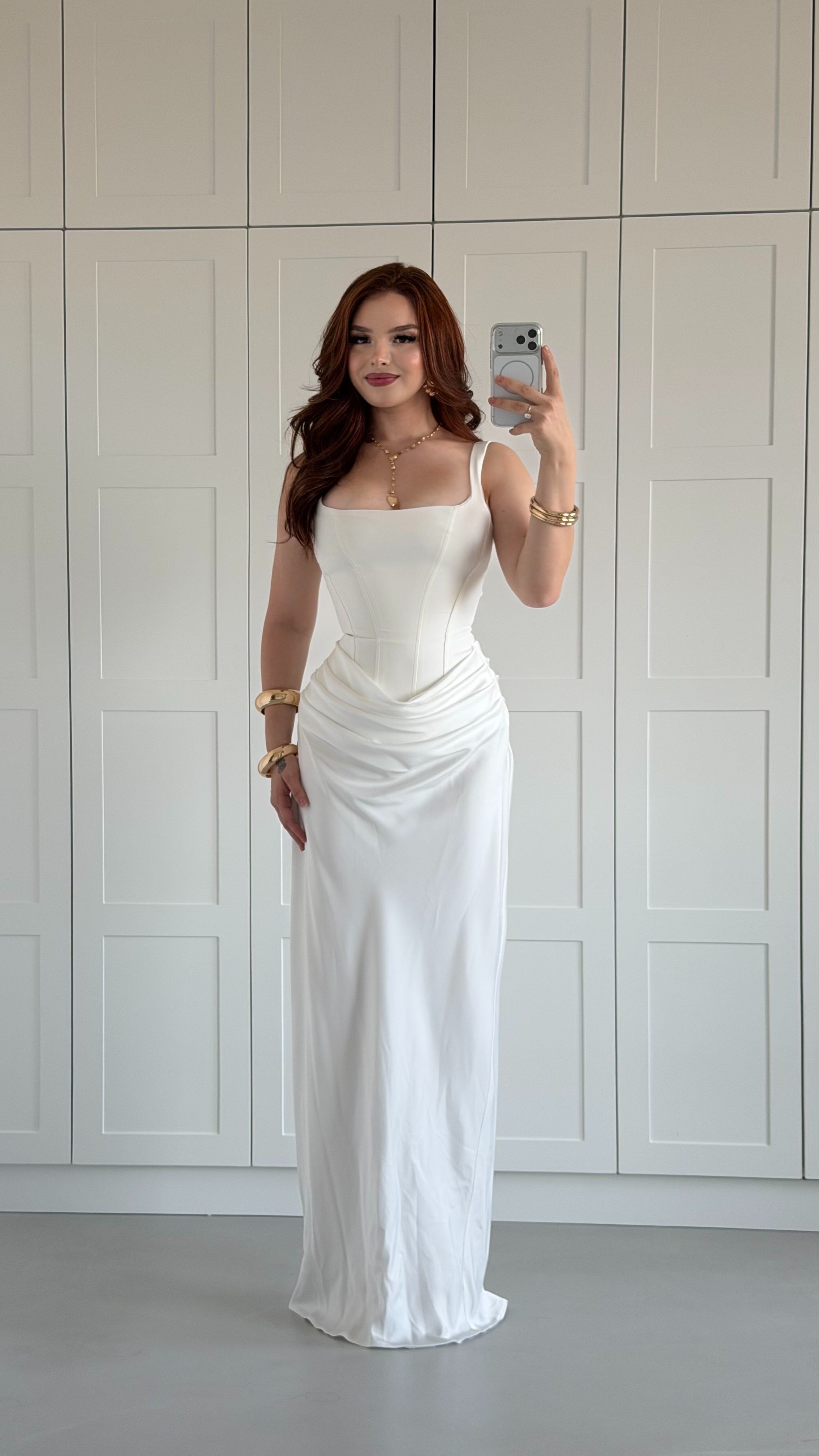 White Satin Drape Long Dress Sofia