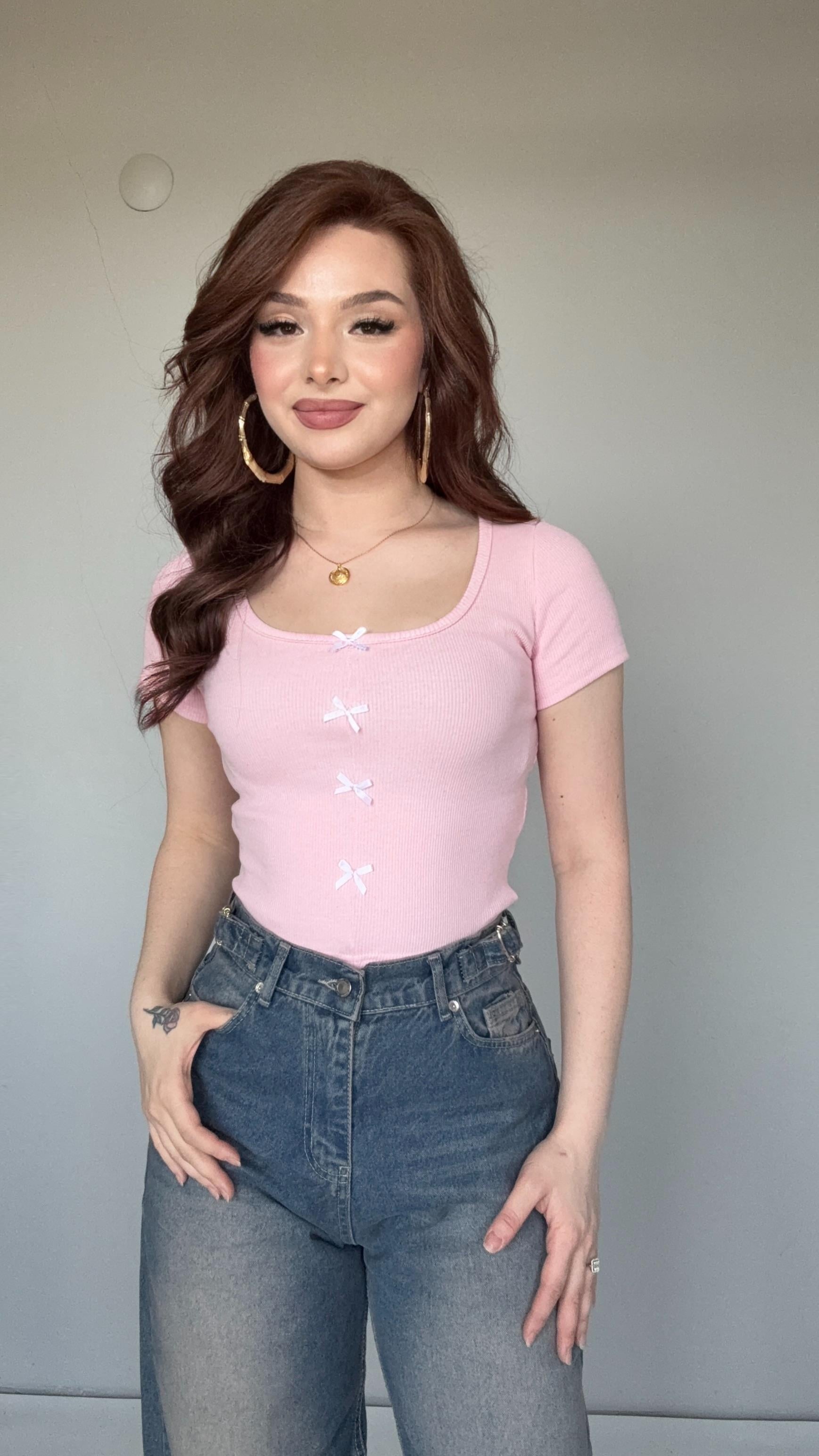 Fitilli Kurdeleli Crop Pembe