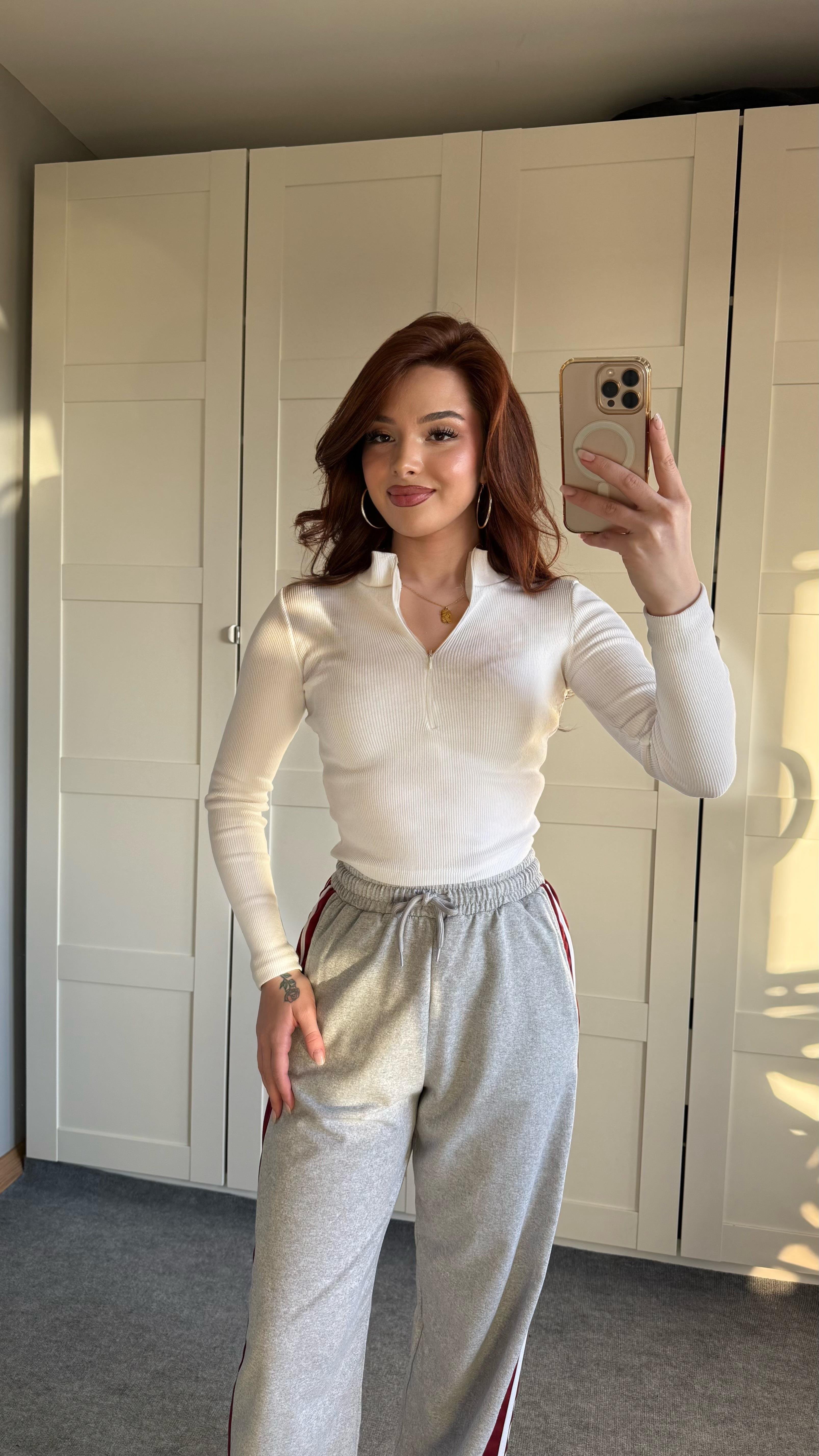 Fitlilli Fermuarlı Crop Beyaz