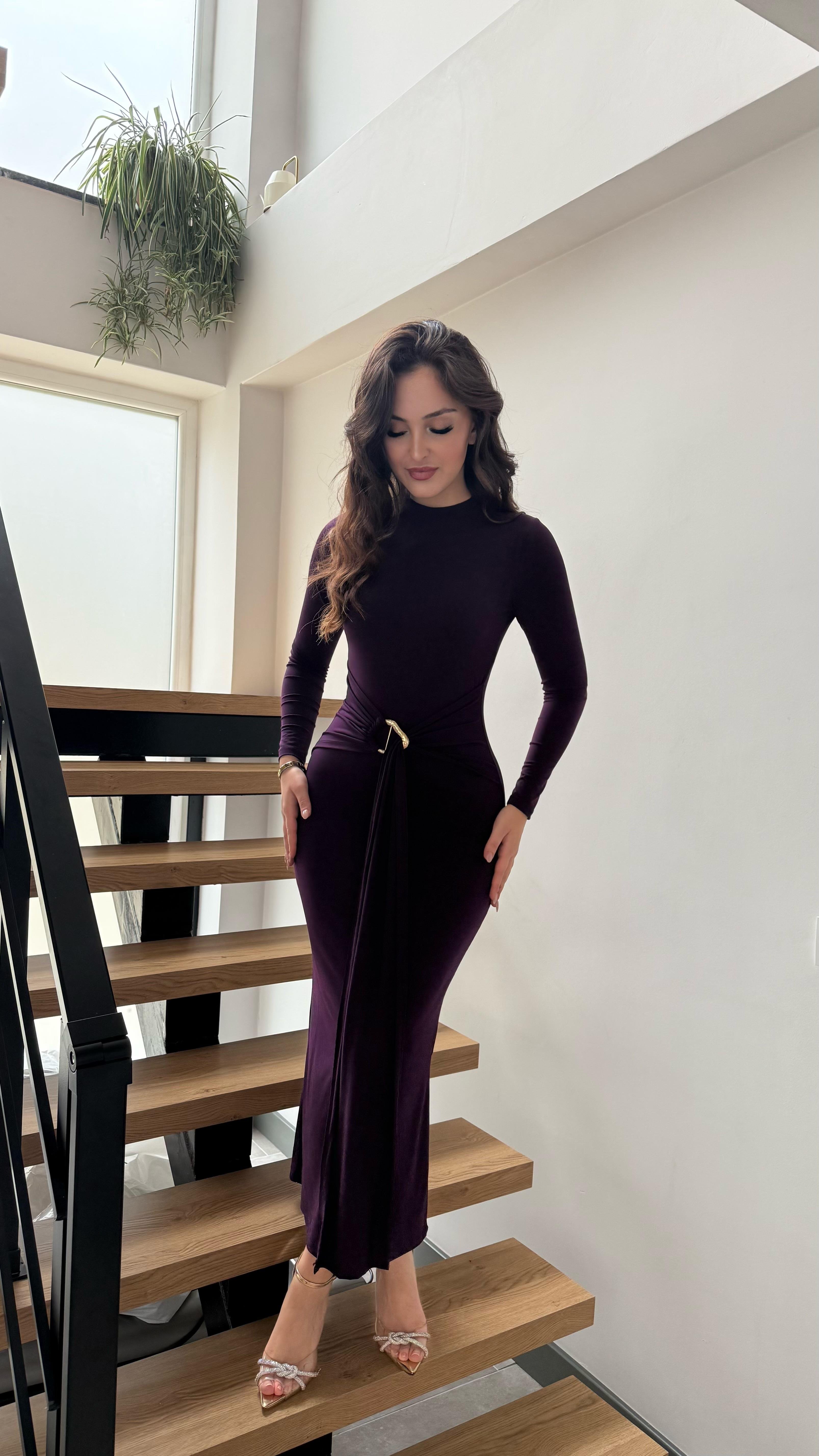 Gold Toka Kuşaklı Maxi Elbise Mor