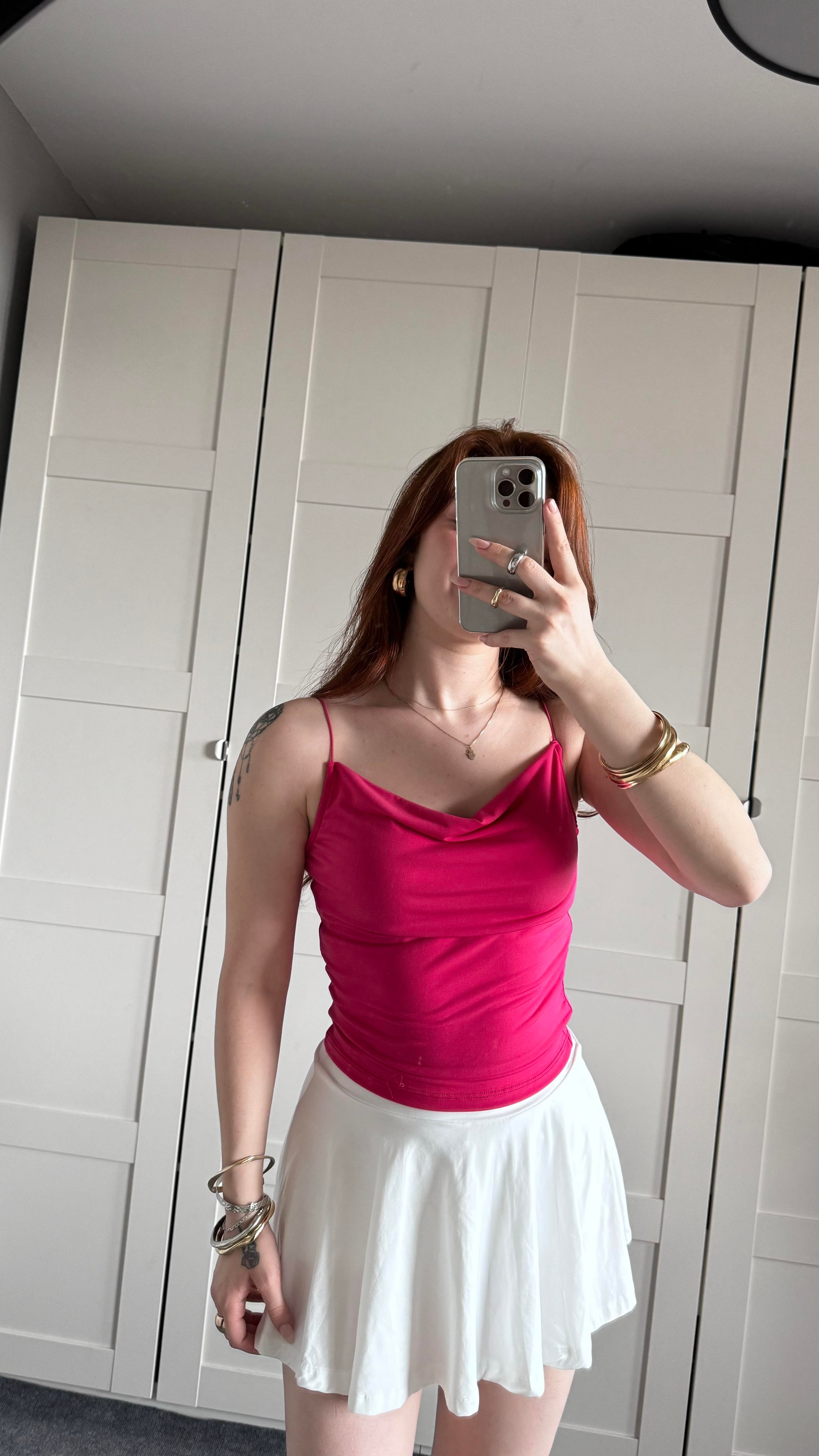İp Askılı Degaje Yaka Pembe Crop
